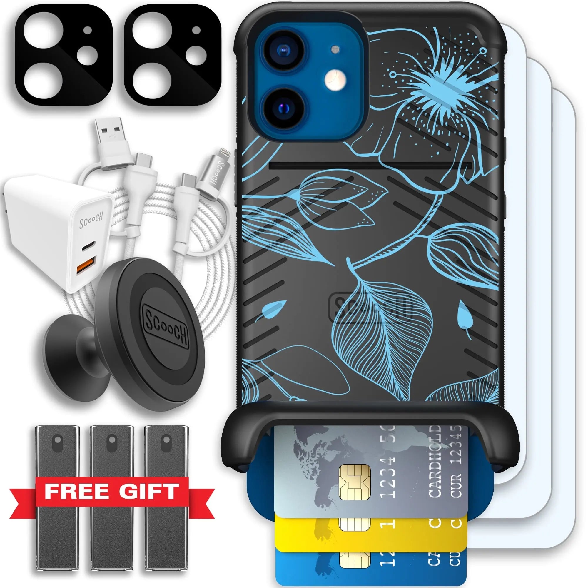 Scooch-Wingmate Ultimate Bundle for iPhone 12-Blue-Hibiscus