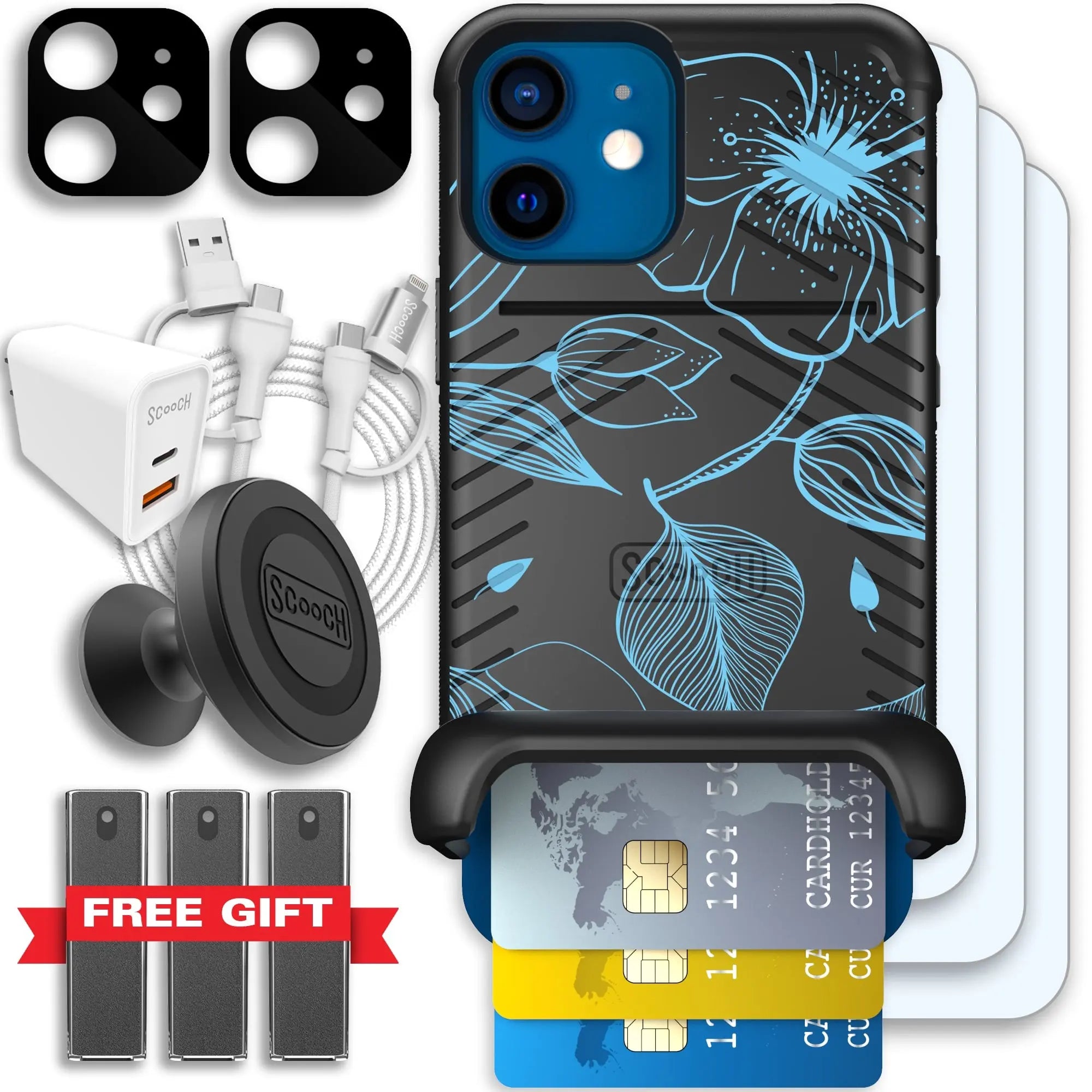 Scooch-Wingmate Ultimate Bundle for iPhone 12 Mini-Blue-Hibiscus