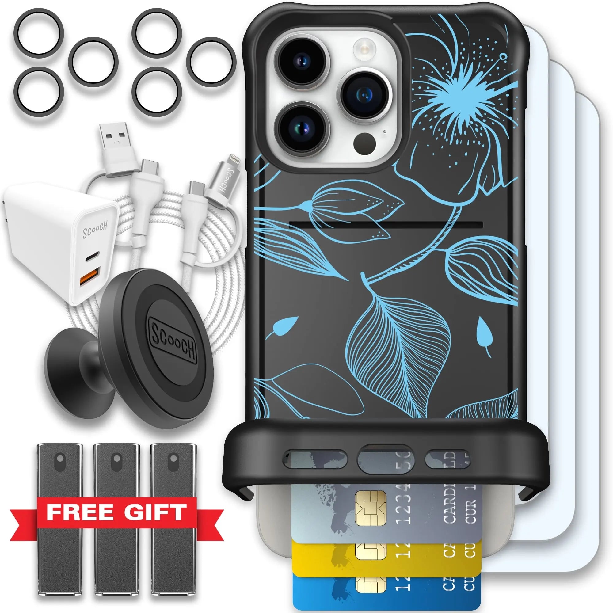 Scooch-Wingmate Ultimate Bundle for iPhone 15 Pro Max-Blue-Hibiscus