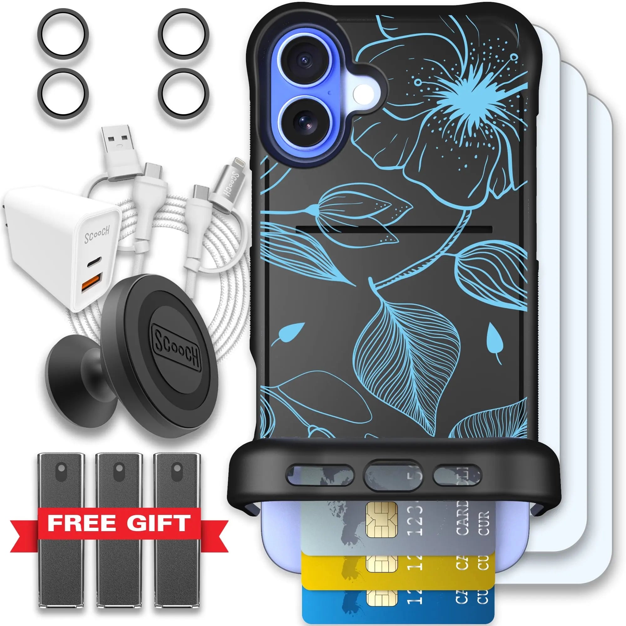 Scooch-Wingmate Ultimate Bundle for iPhone 16 Plus-Blue-Hibiscus