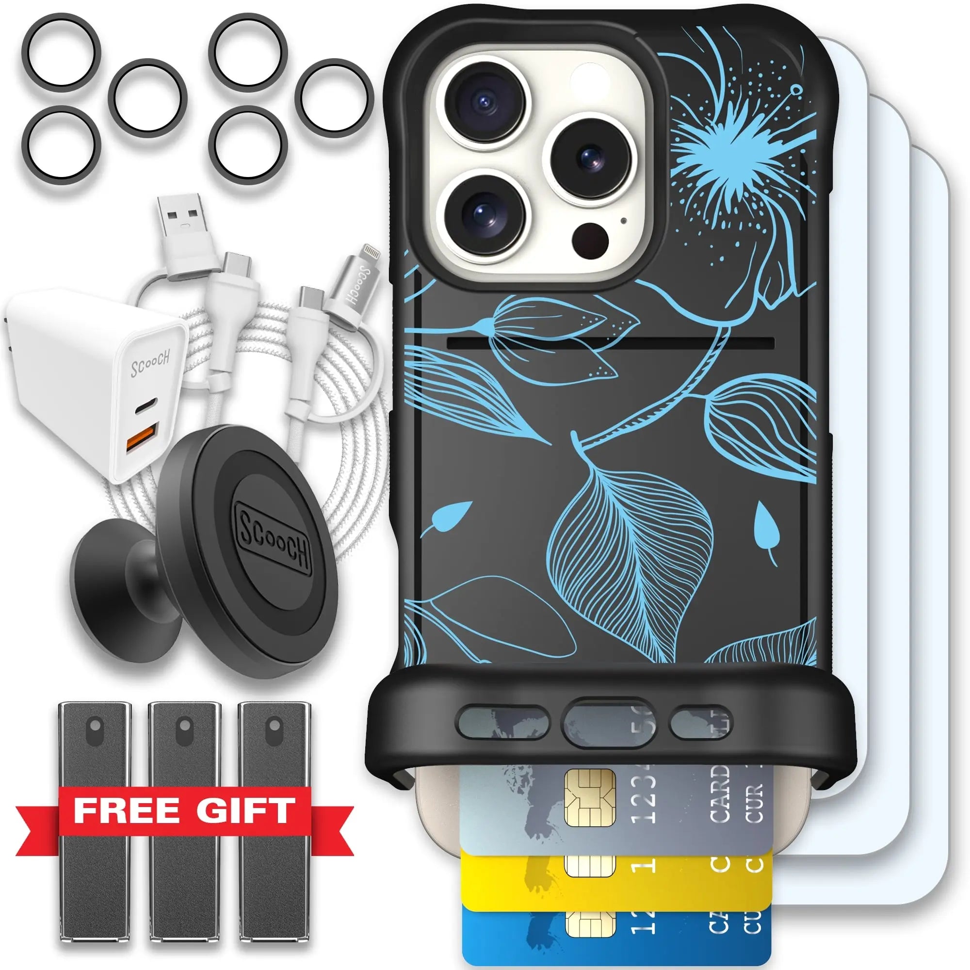 Scooch-Wingmate Ultimate Bundle for iPhone 16 Pro-Blue-Hibiscus