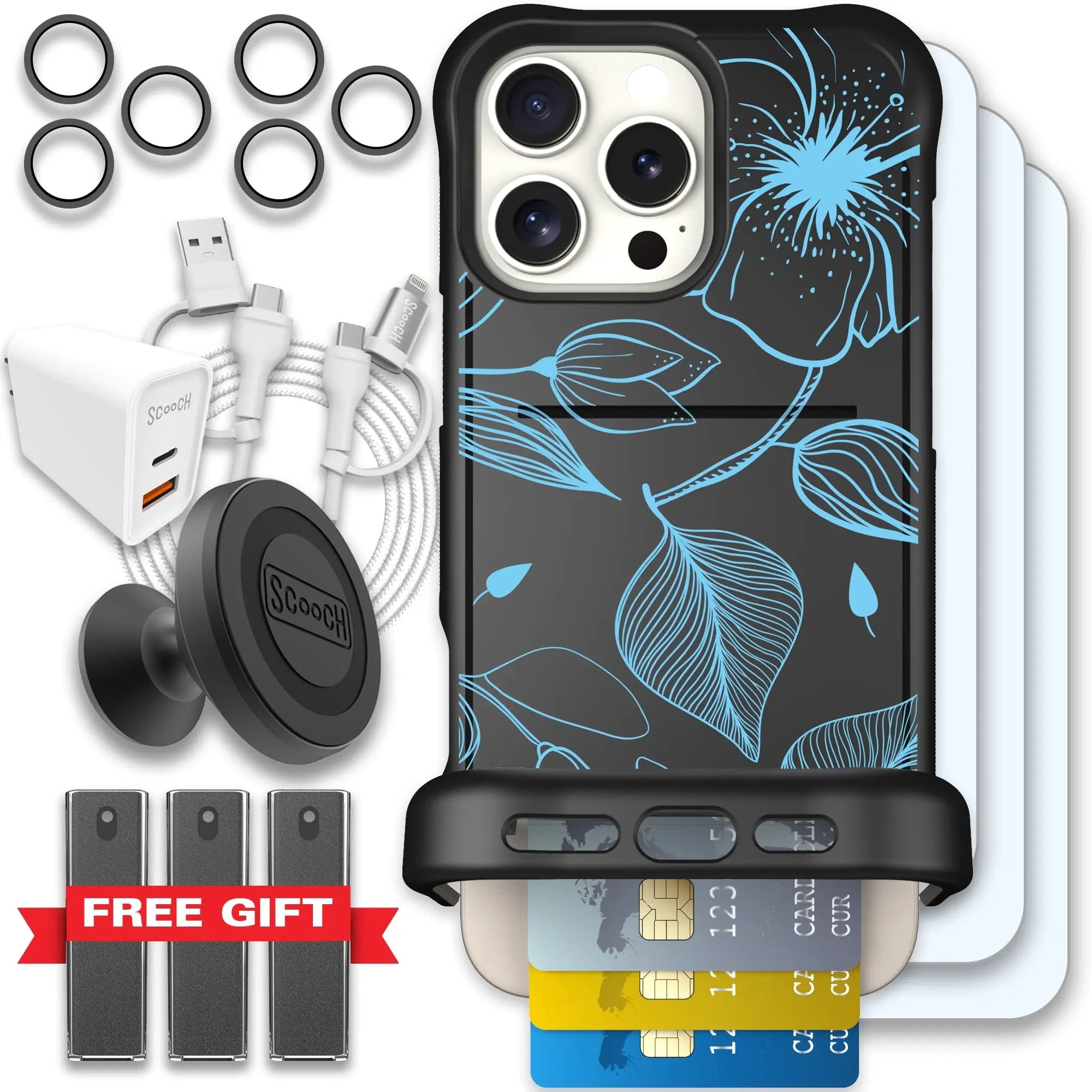 Scooch-Wingmate Ultimate Bundle for iPhone 16 Pro Max-Blue-Hibiscus