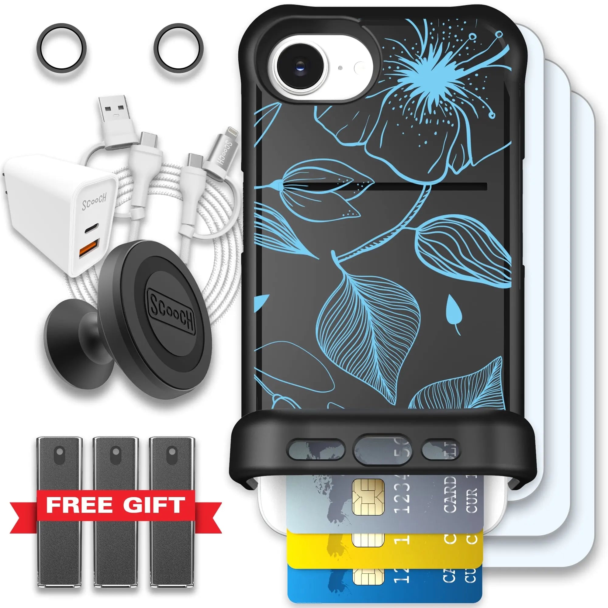 Scooch-Wingmate Ultimate Bundle for iPhone 16e-Blue-Hibiscus