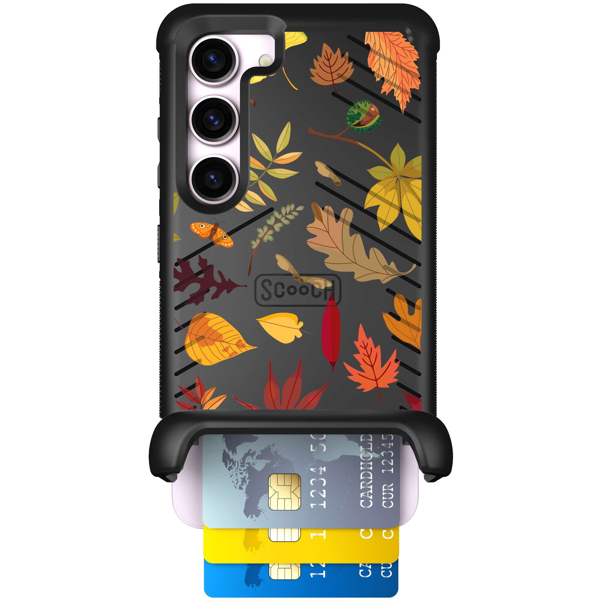 Autumn Leaves multicolored fall foliage pattern on a charcoal Scooch Wingmate case for Galaxy S23