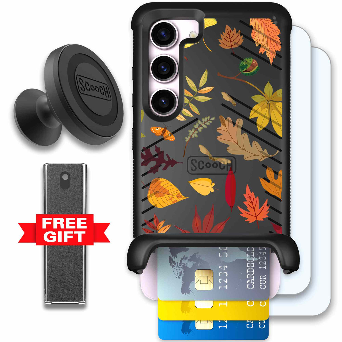 Autumn Leaves multicolored fall foliage pattern on a charcoal Scooch Wingmate case for Galaxy S23 - Defender Bundle