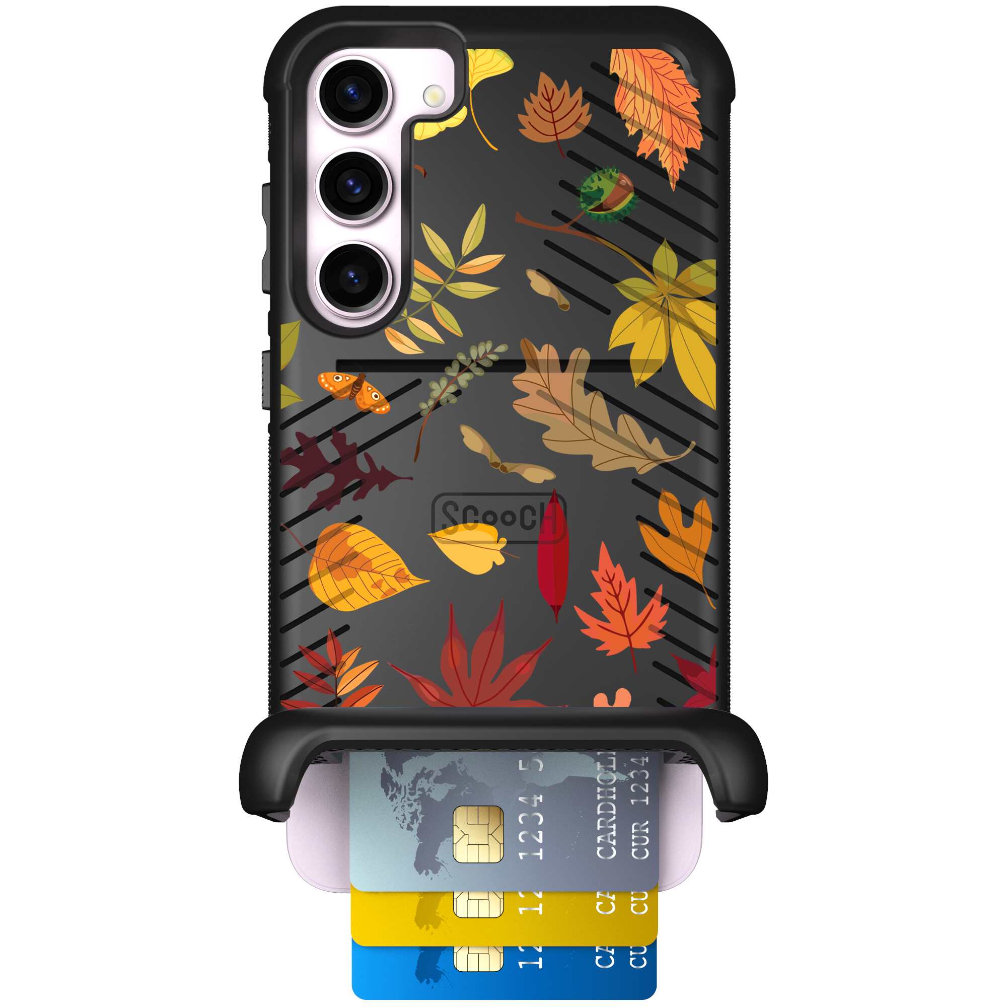 Autumn Leaves multicolored fall foliage pattern on a charcoal Scooch Wingmate case for Galaxy S23+