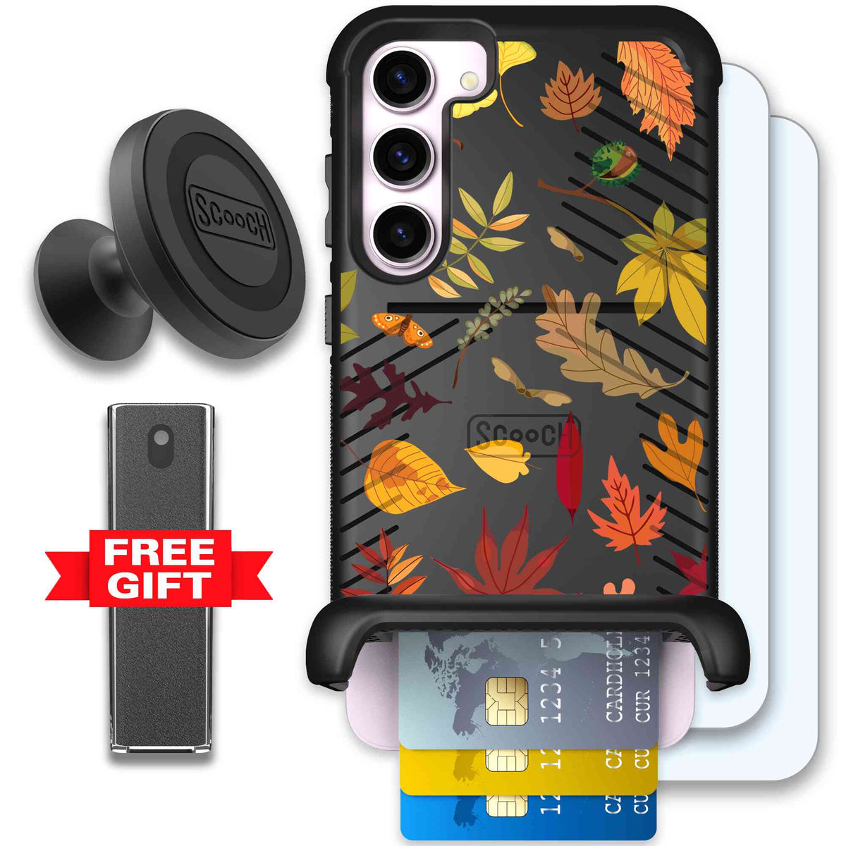 Autumn Leaves multicolored fall foliage pattern on a charcoal Scooch Wingmate case for Galaxy S23+ - Defender Bundle