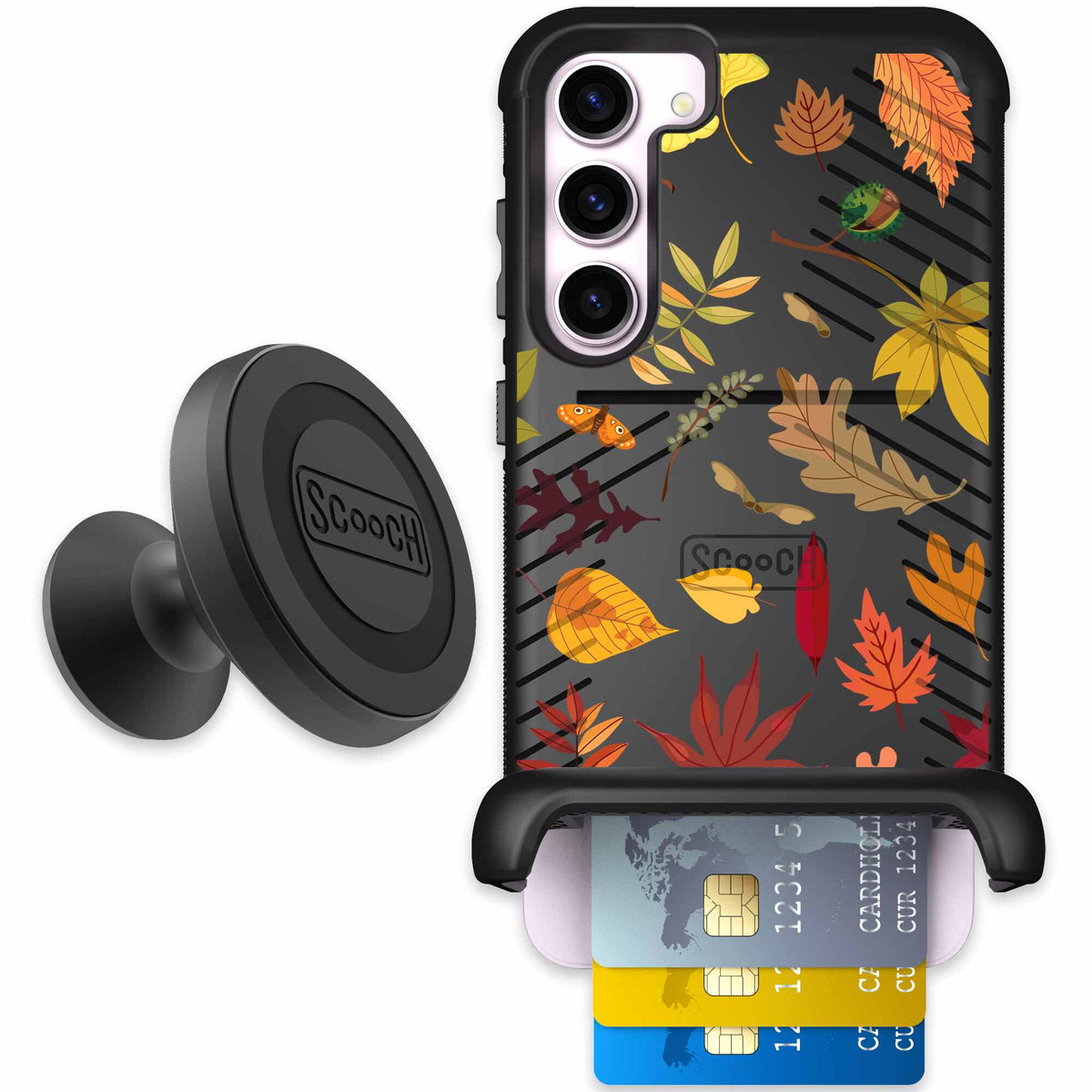 Autumn Leaves multicolored fall foliage pattern on a charcoal Scooch Wingmate case for Galaxy S23+ - Starter Bundle