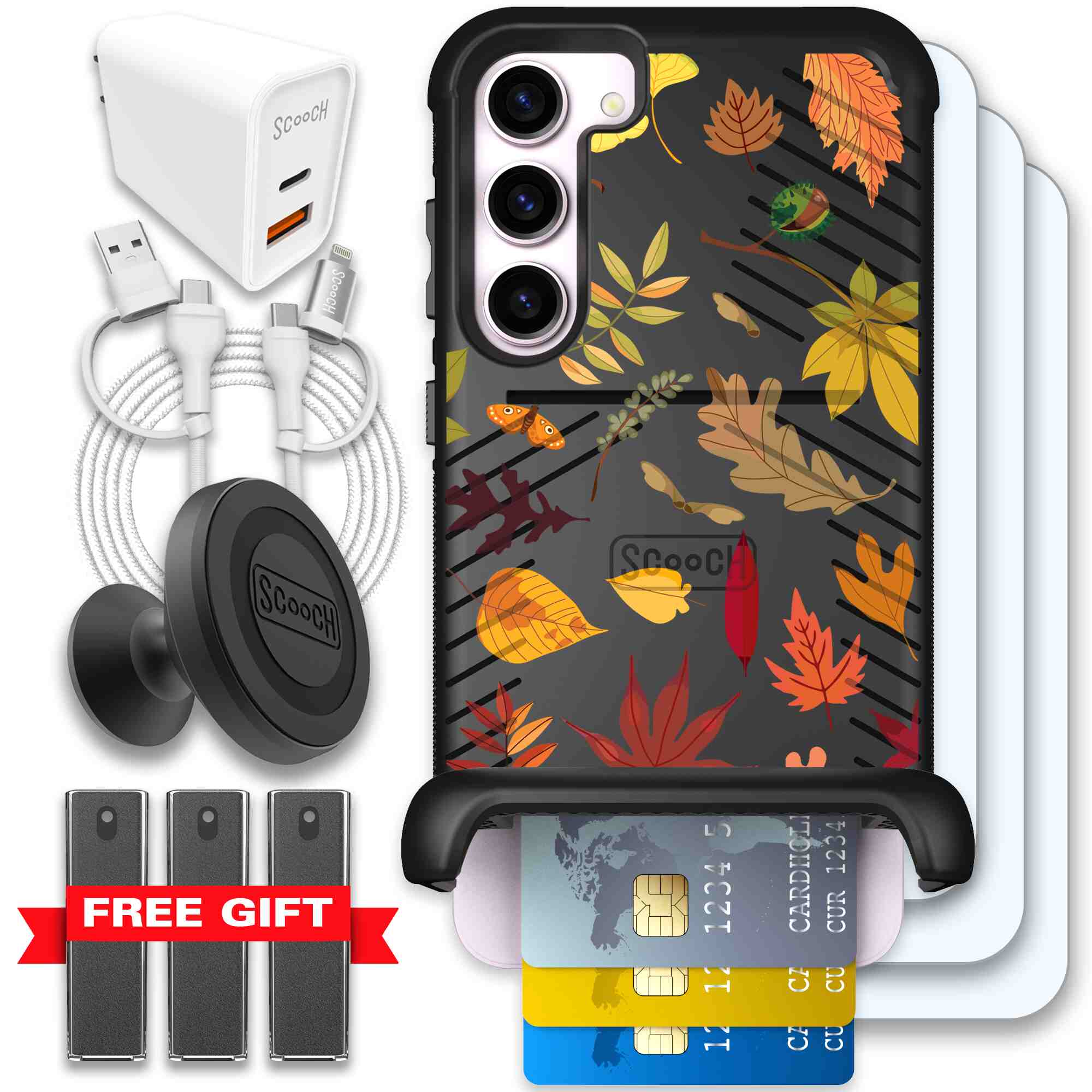 Autumn Leaves multicolored fall foliage pattern on a charcoal Scooch Wingmate case for Galaxy S23+ - Ultimate Bundle