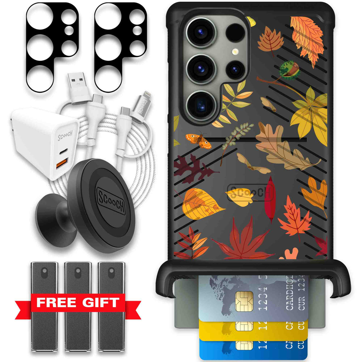 Autumn Leaves multicolored fall foliage pattern on a charcoal Scooch Wingmate case for Galaxy S23 Ultra - Ultimate Bundle
