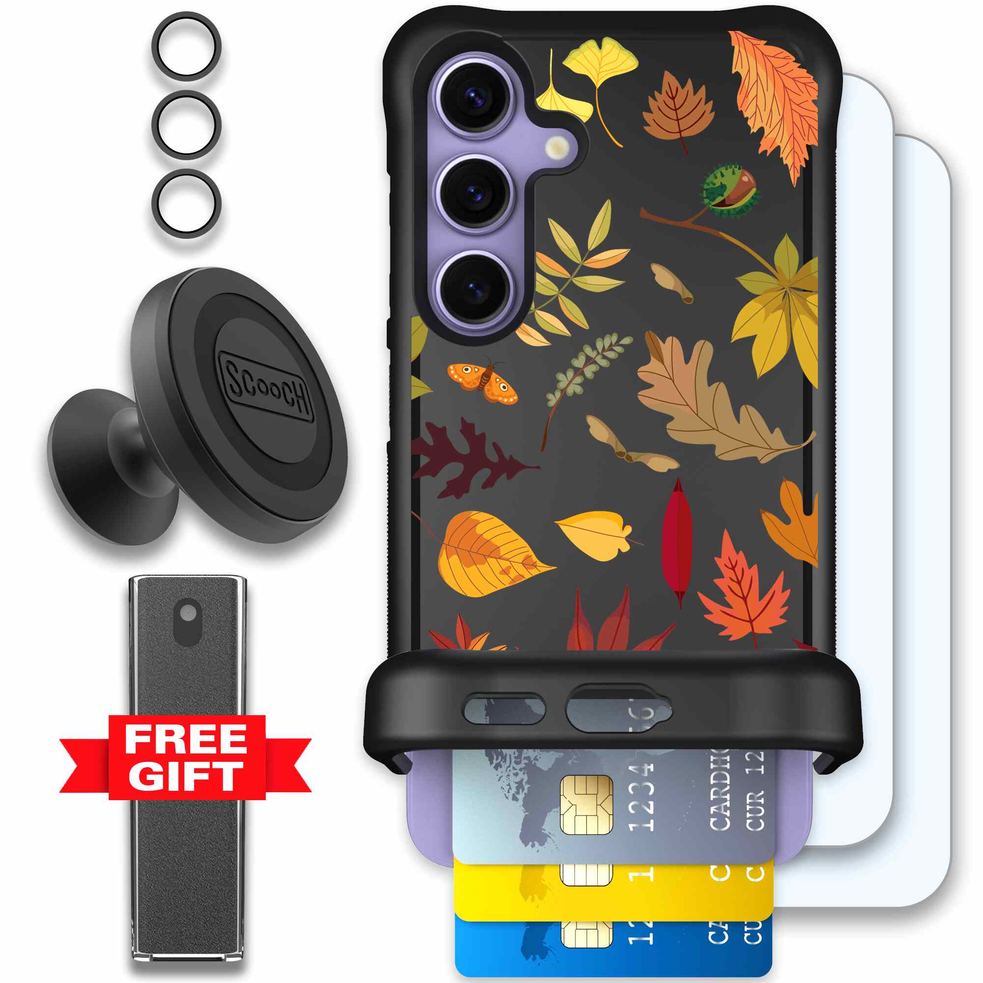 Autumn Leaves multicolored fall foliage pattern on a charcoal Scooch Wingmate case for Galaxy S24 - Defender Bundle