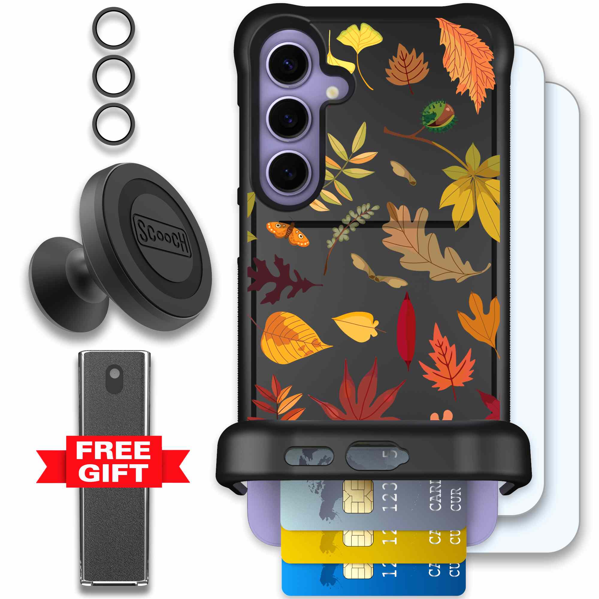 Autumn Leaves multicolored fall foliage pattern on a charcoal Scooch Wingmate case for Galaxy S24+ - Defender Bundle