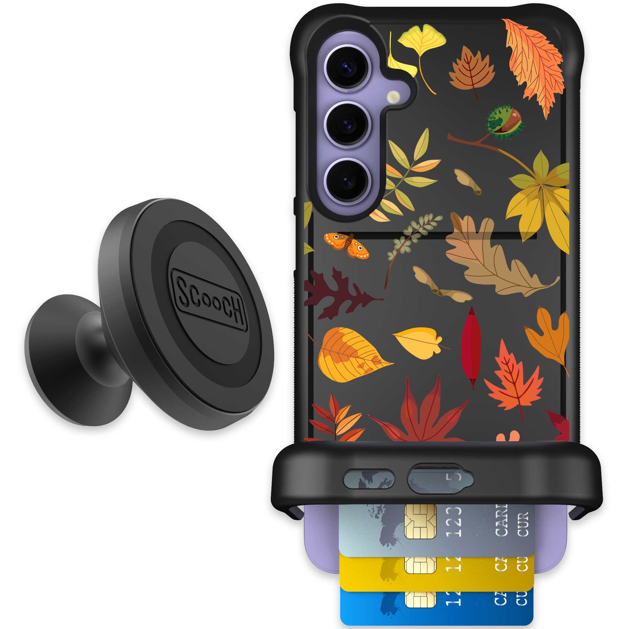 Autumn Leaves multicolored fall foliage pattern on a charcoal Scooch Wingmate case for Galaxy S24+ - Starter Bundle