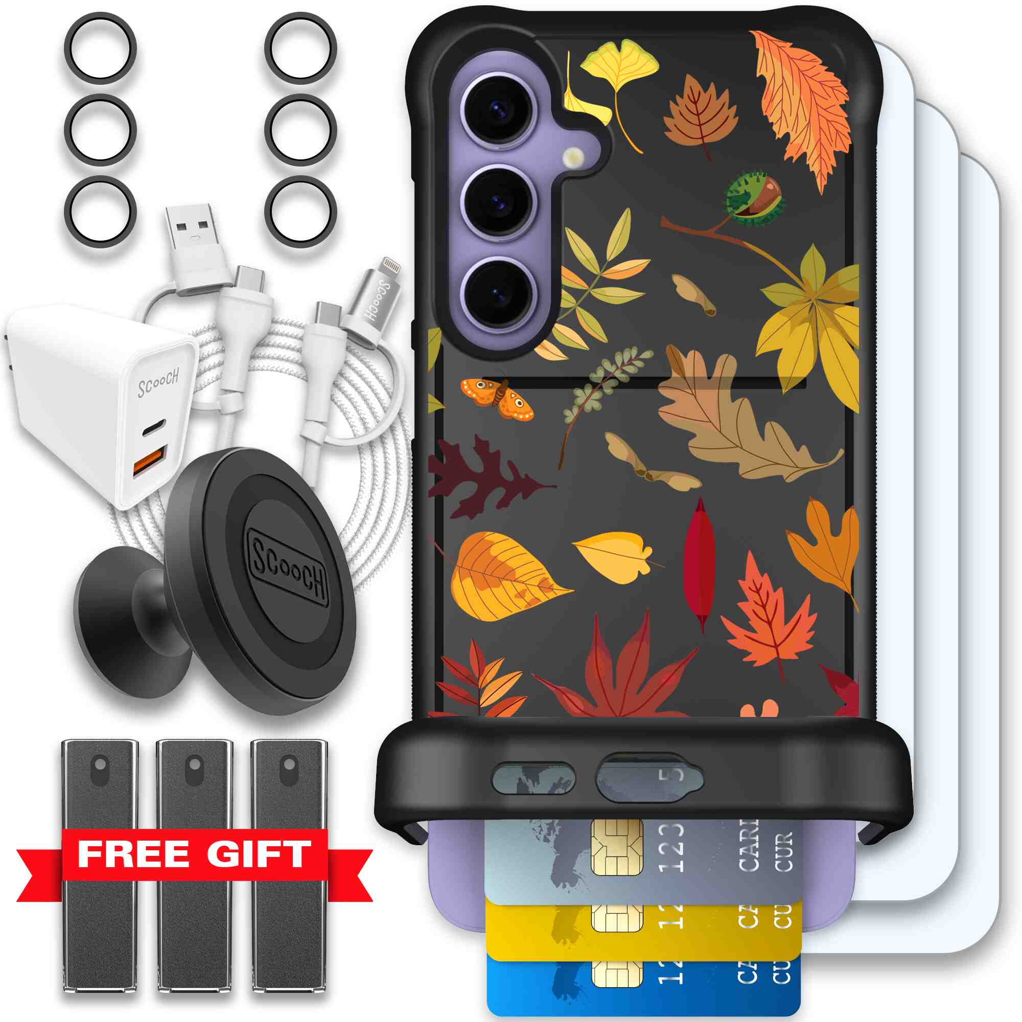 Autumn Leaves multicolored fall foliage pattern on a charcoal Scooch Wingmate case for Galaxy S24+ - Ultimate Bundle