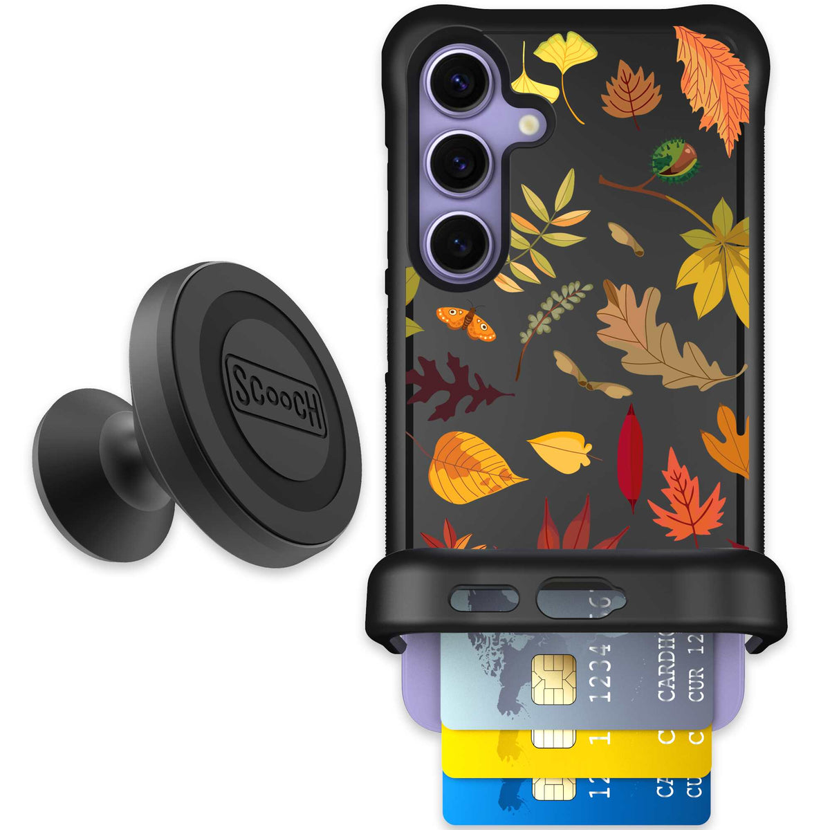 Autumn Leaves multicolored fall foliage pattern on a charcoal Scooch Wingmate case for Galaxy S24 - Starter Bundle