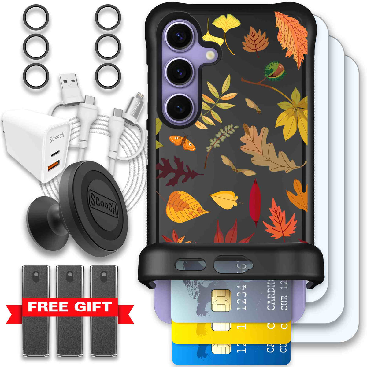 Autumn Leaves multicolored fall foliage pattern on a charcoal Scooch Wingmate case for Galaxy S24 - Ultimate Bundle