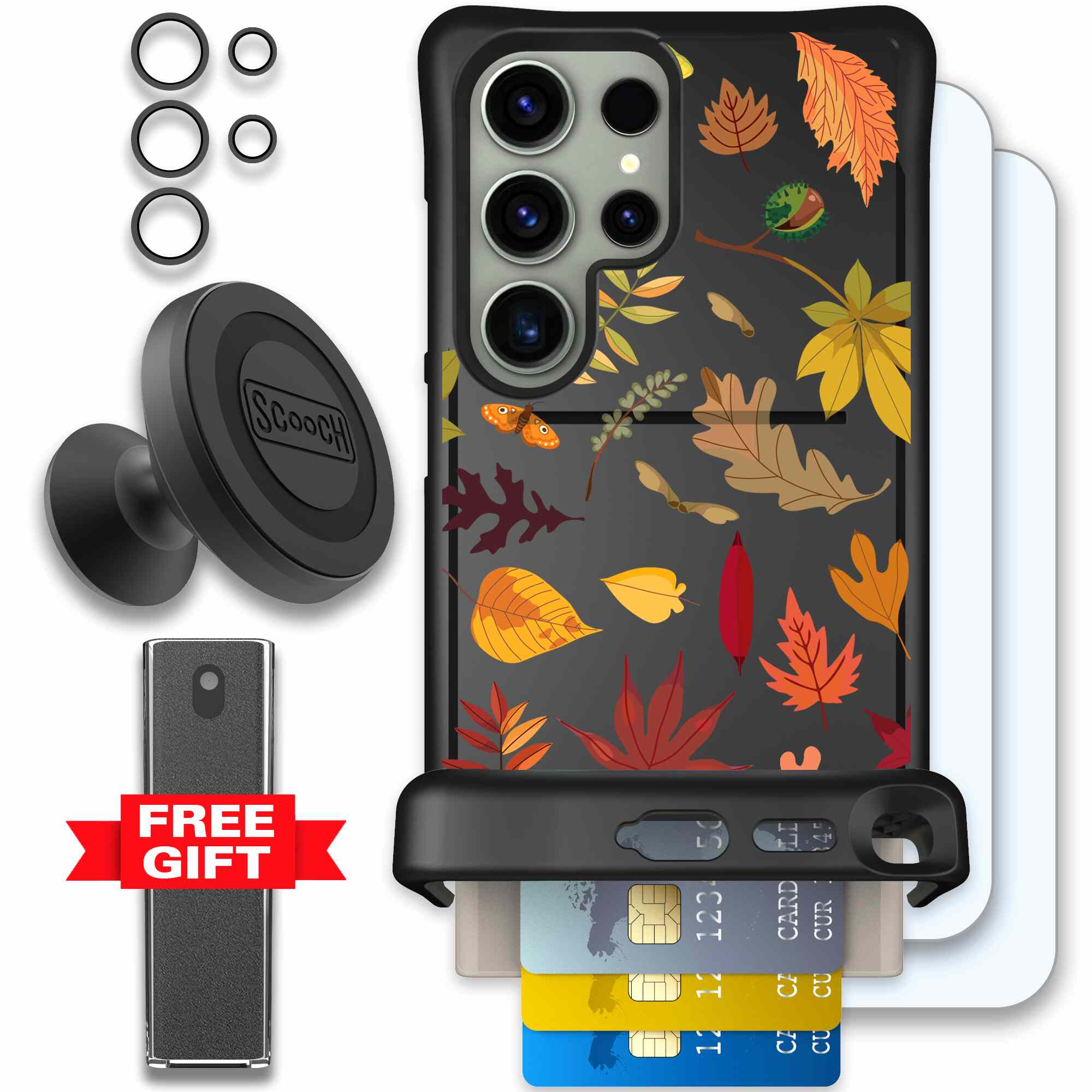 Autumn Leaves multicolored fall foliage pattern on a charcoal Scooch Wingmate case for Galaxy S24 Ultra - Defender Bundle