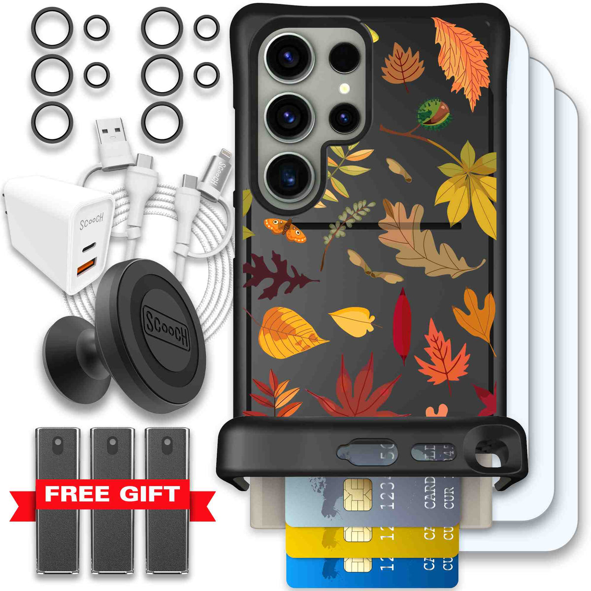 Autumn Leaves multicolored fall foliage pattern on a charcoal Scooch Wingmate case for Galaxy S24 Ultra - Ultimate Bundle