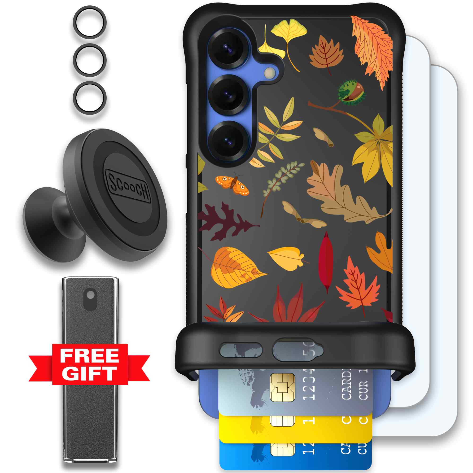 Autumn Leaves multicolored fall foliage pattern on a charcoal Scooch Wingmate case for Galaxy S25 - Defender Bundle
