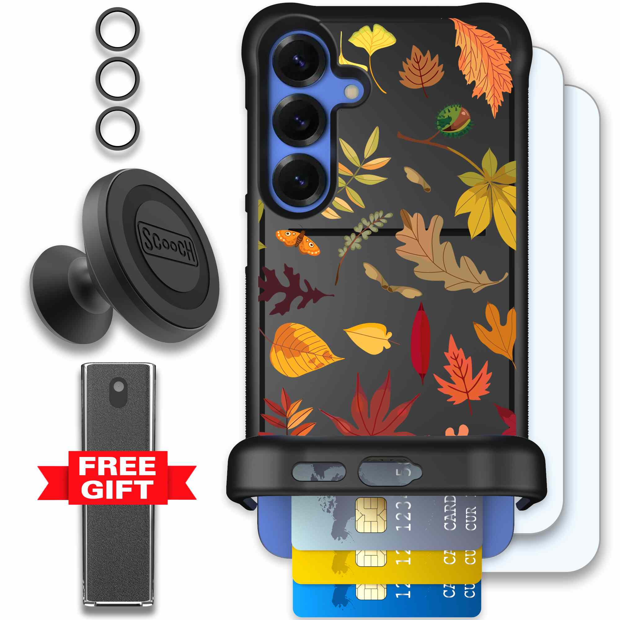Autumn Leaves multicolored fall foliage pattern on a charcoal Scooch Wingmate case for Galaxy S25+ - Defender Bundle