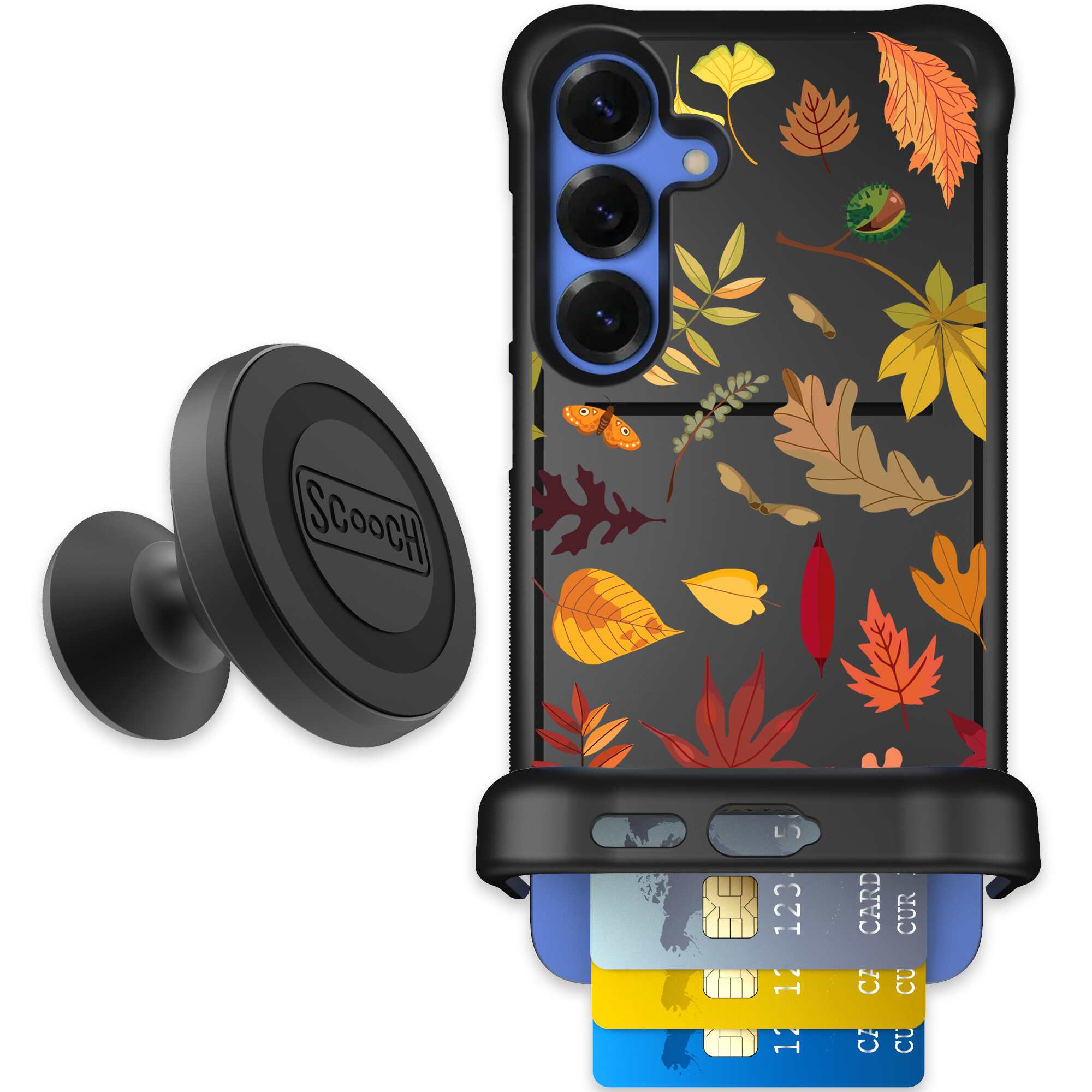 Autumn Leaves multicolored fall foliage pattern on a charcoal Scooch Wingmate case for Galaxy S25+ - Starter Bundle