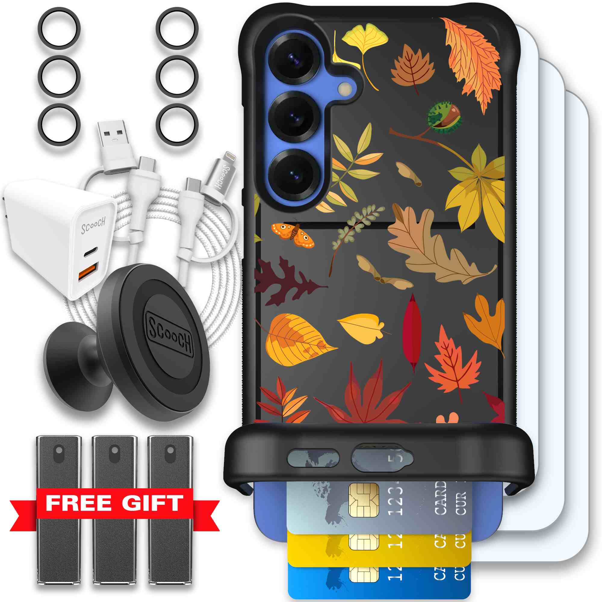 Autumn Leaves multicolored fall foliage pattern on a charcoal Scooch Wingmate case for Galaxy S25+ - Ultimate Bundle