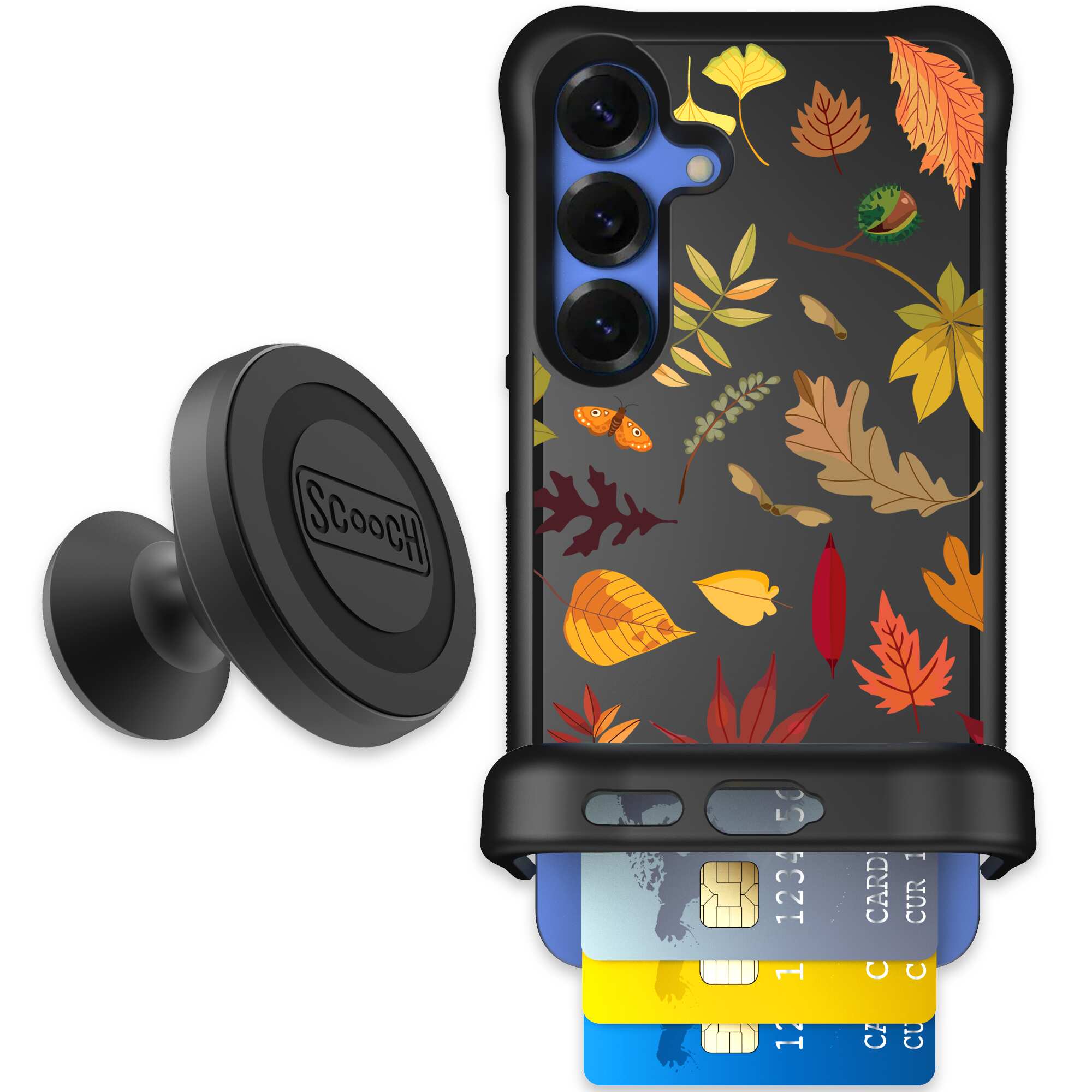 Autumn Leaves multicolored fall foliage pattern on a charcoal Scooch Wingmate case for Galaxy S25 - Starter Bundle