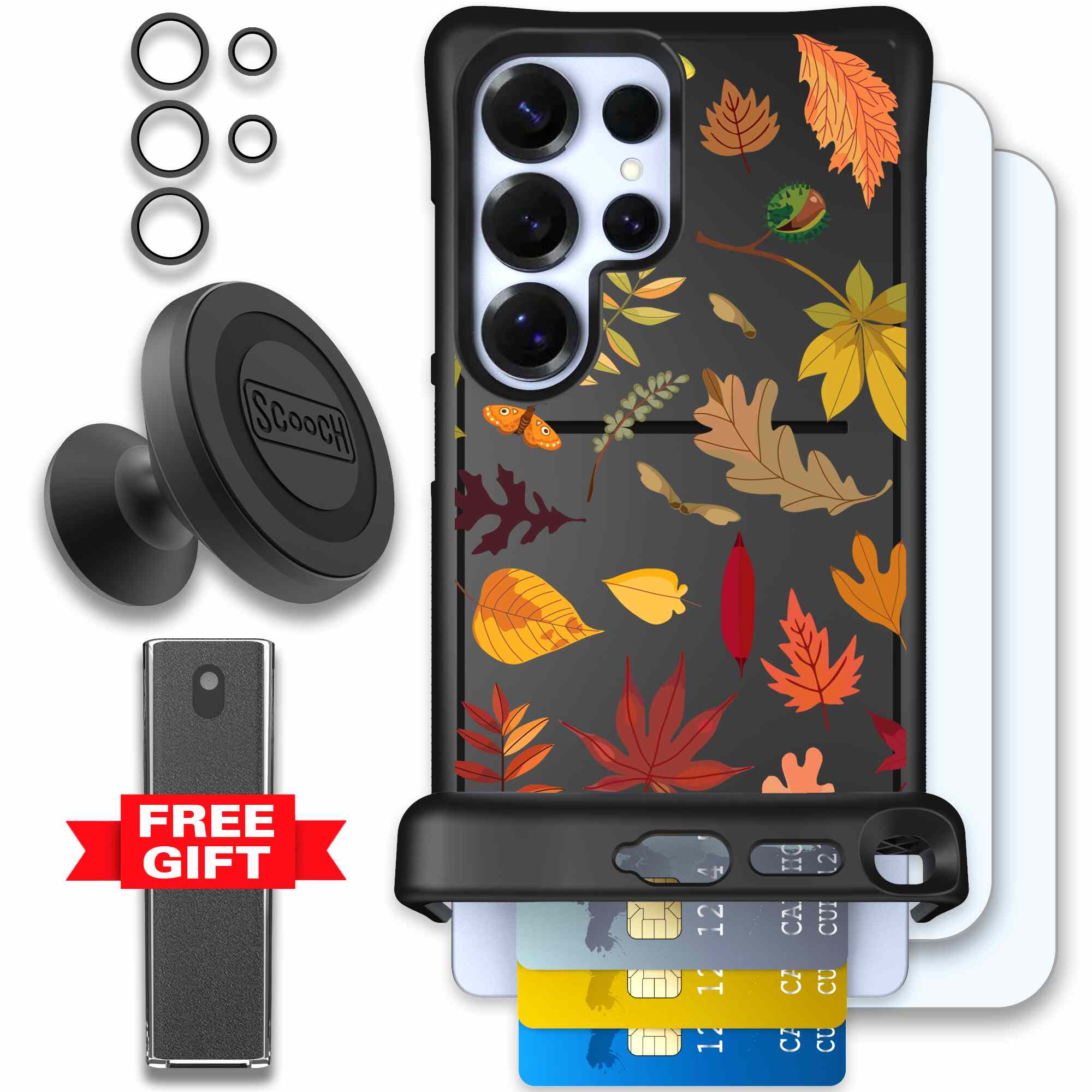 Autumn Leaves multicolored fall foliage pattern on a charcoal Scooch Wingmate case for Galaxy S25 Ultra - Defender Bundle