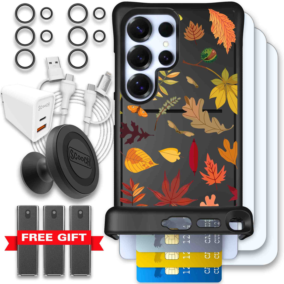 Autumn Leaves multicolored fall foliage pattern on a charcoal Scooch Wingmate case for Galaxy S25 Ultra - Ultimate Bundle