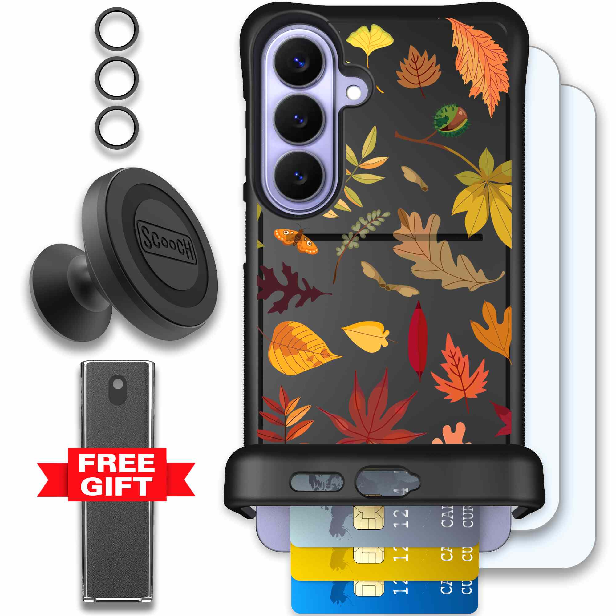 Autumn Leaves multicolored fall foliage pattern on a charcoal Scooch Wingmate case for Galaxy S26+ - Defender Bundle