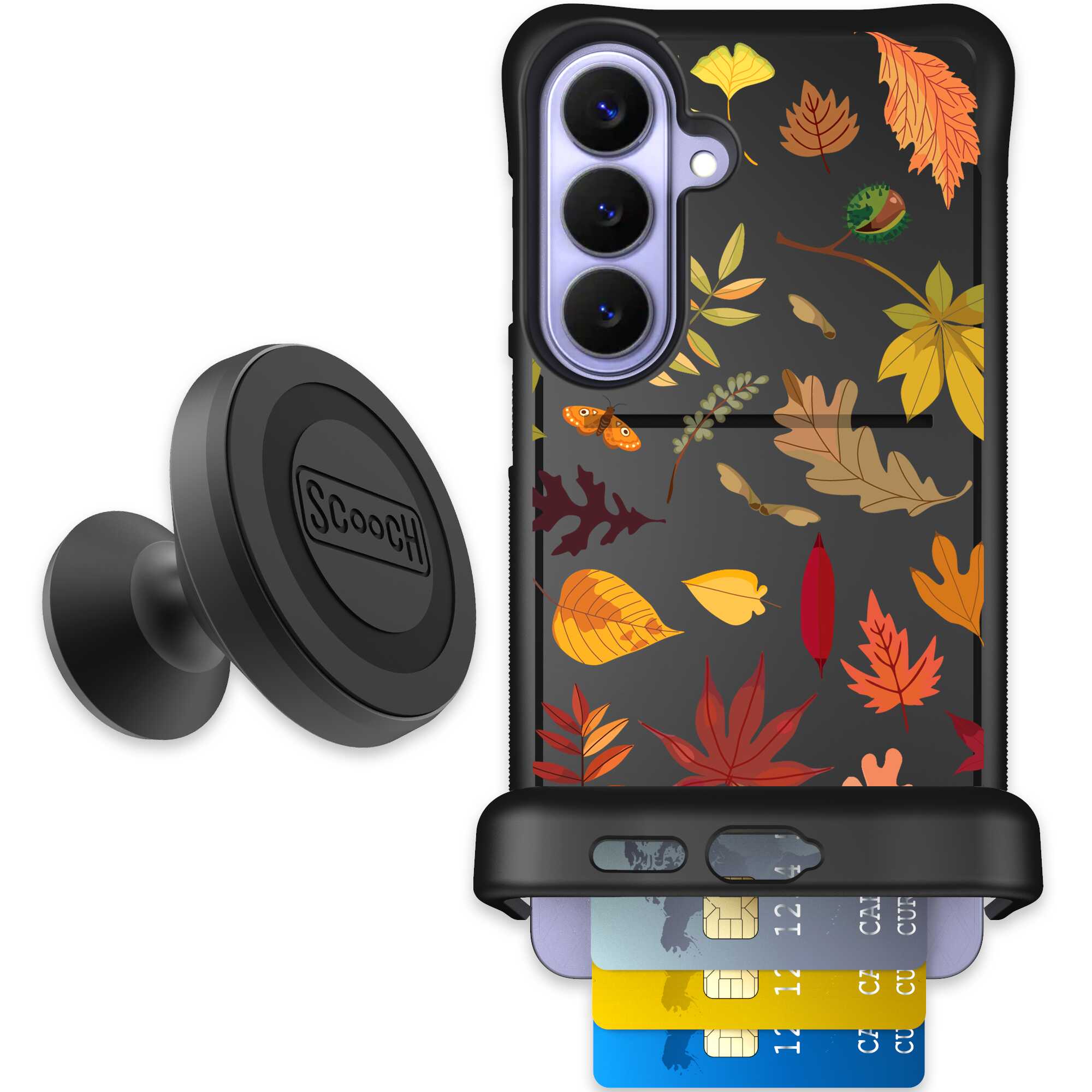 Autumn Leaves multicolored fall foliage pattern on a charcoal Scooch Wingmate case for Galaxy S26+ - Starter Bundle