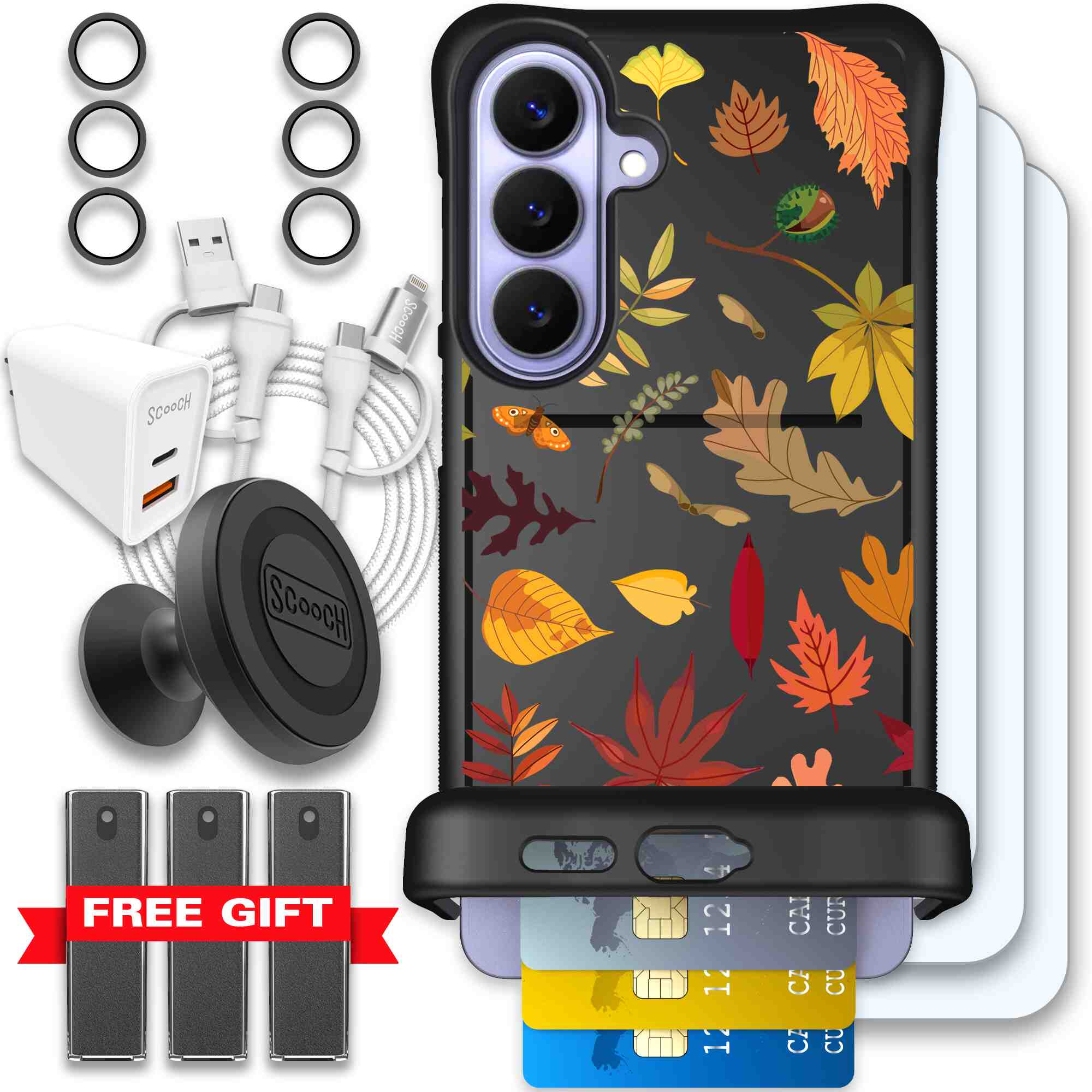 Autumn Leaves multicolored fall foliage pattern on a charcoal Scooch Wingmate case for Galaxy S26+ - Ultimate Bundle