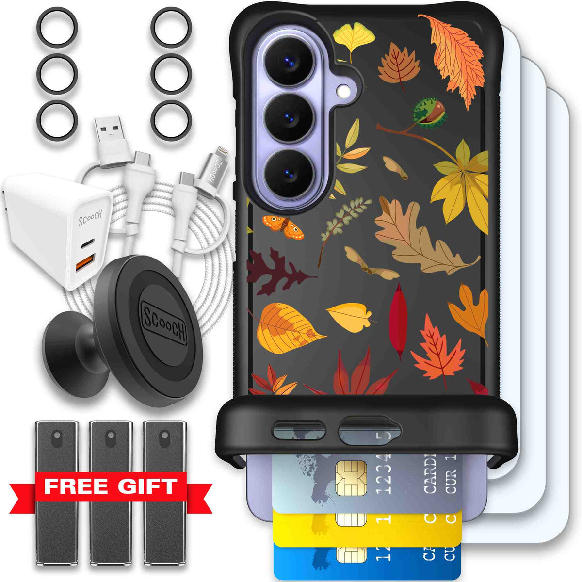 Autumn Leaves multicolored fall foliage pattern on a charcoal Scooch Wingmate case for Galaxy S26 - Ultimate Bundle