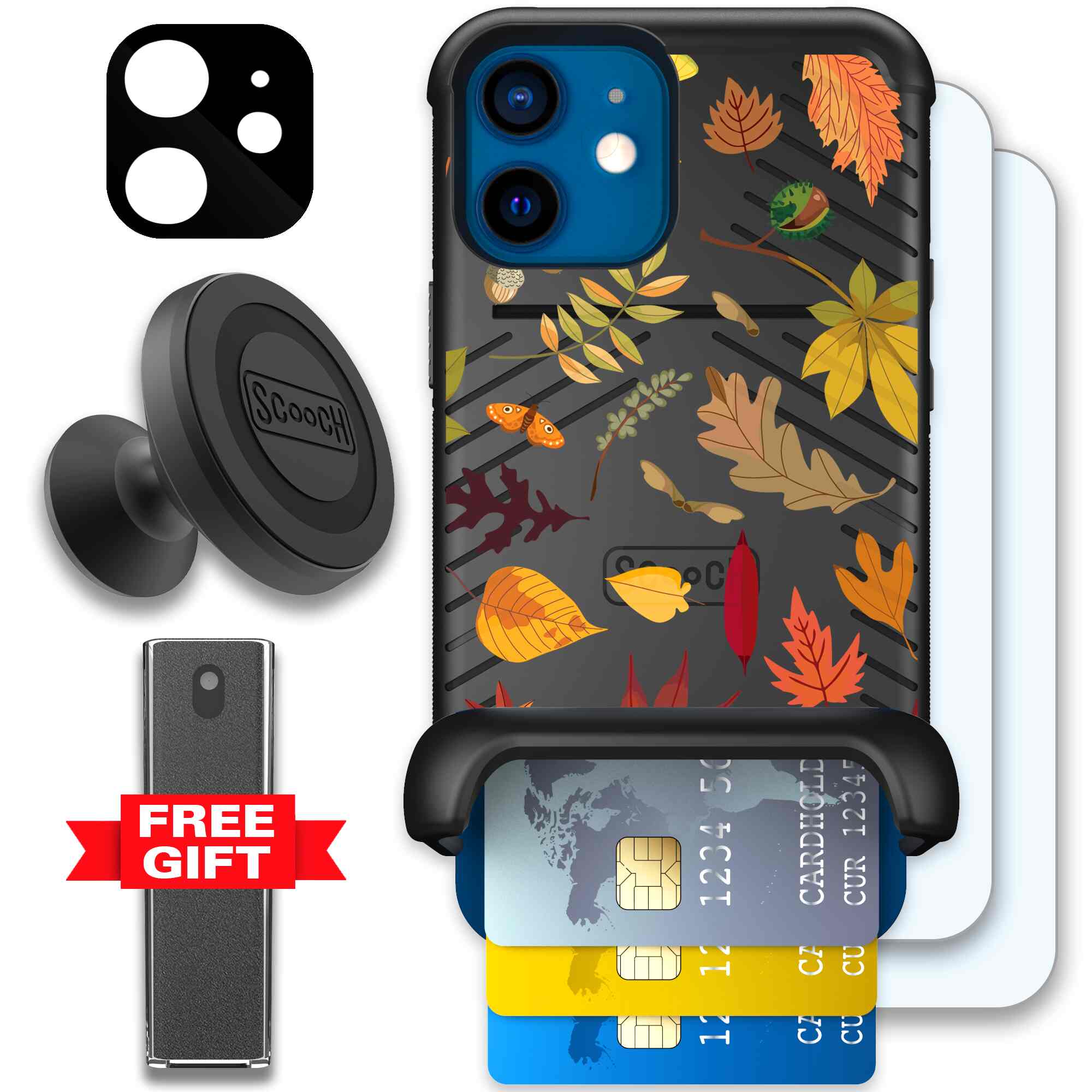 Autumn Leaves multicolored fall foliage pattern on a charcoal Scooch Wingmate case for iPhone 12 mini - Defender Bundle