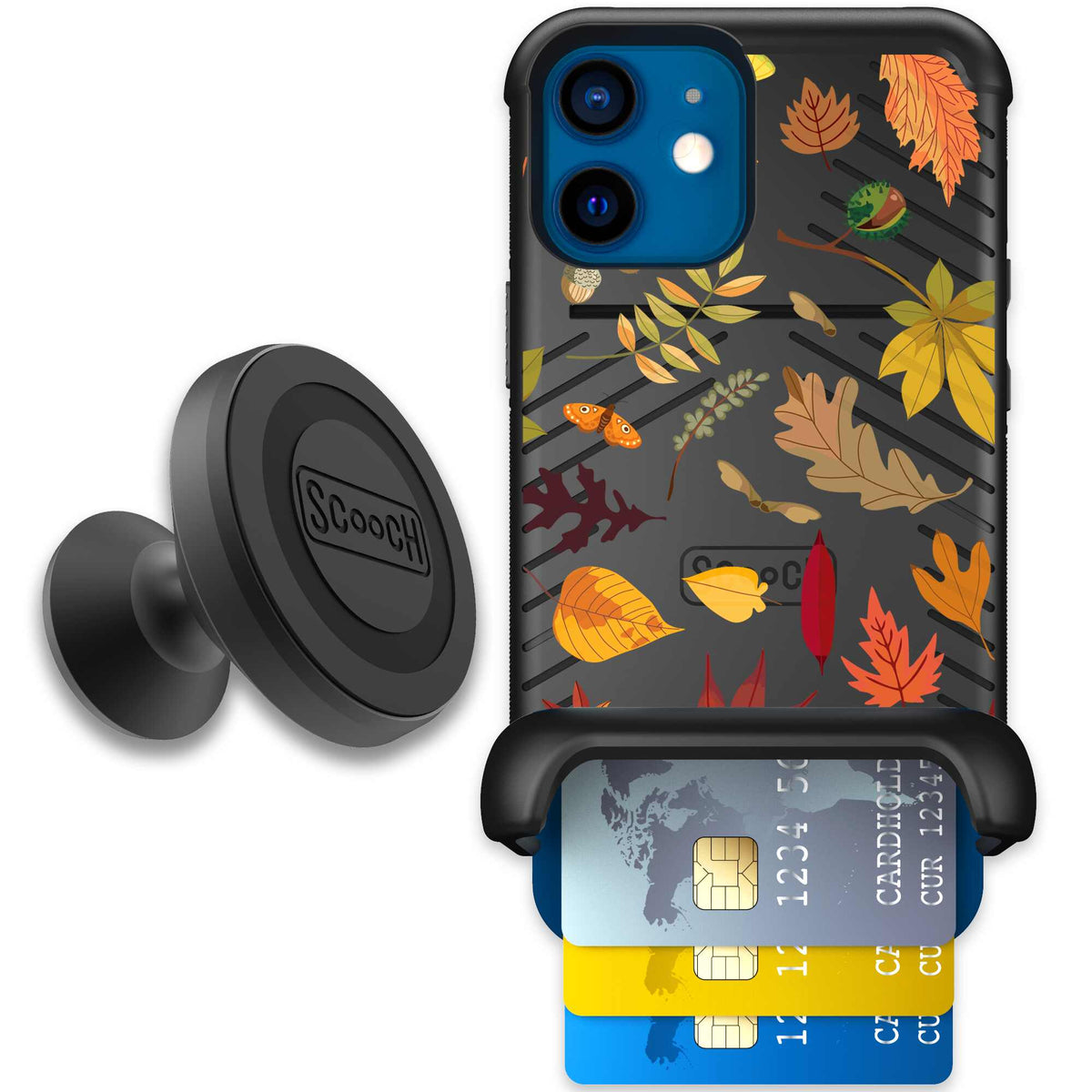 Autumn Leaves multicolored fall foliage pattern on a charcoal Scooch Wingmate case for iPhone 12 mini - Starter Bundle