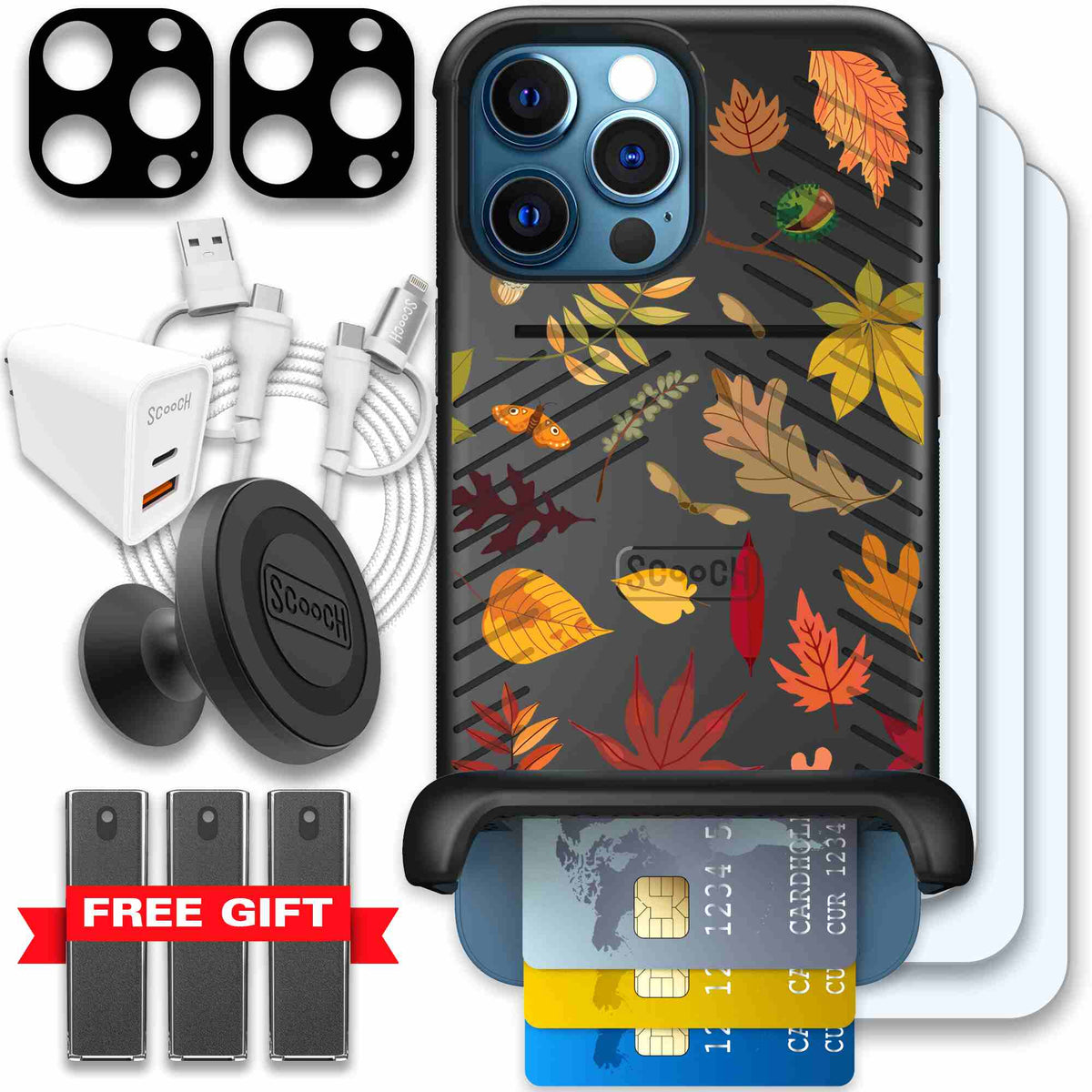 Autumn Leaves multicolored fall foliage pattern on a charcoal Scooch Wingmate case for iPhone 12 Pro Max - Ultimate Bundle