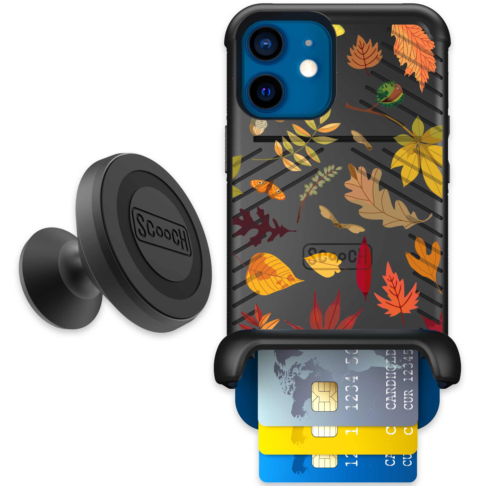 Autumn Leaves multicolored fall foliage pattern on a charcoal Scooch Wingmate case for iPhone 12 - Starter Bundle