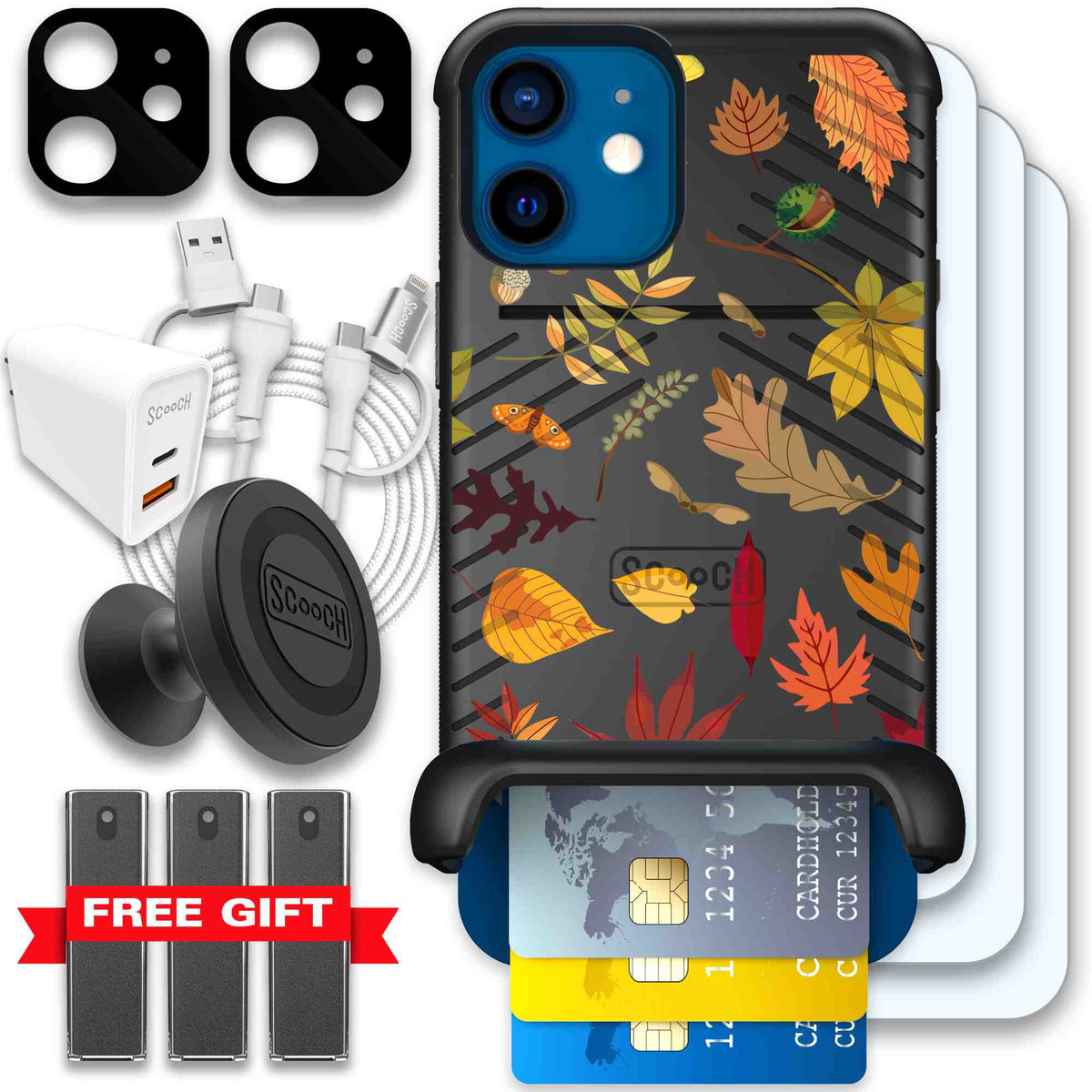 Autumn Leaves multicolored fall foliage pattern on a charcoal Scooch Wingmate case for iPhone 12 - Ultimate Bundle
