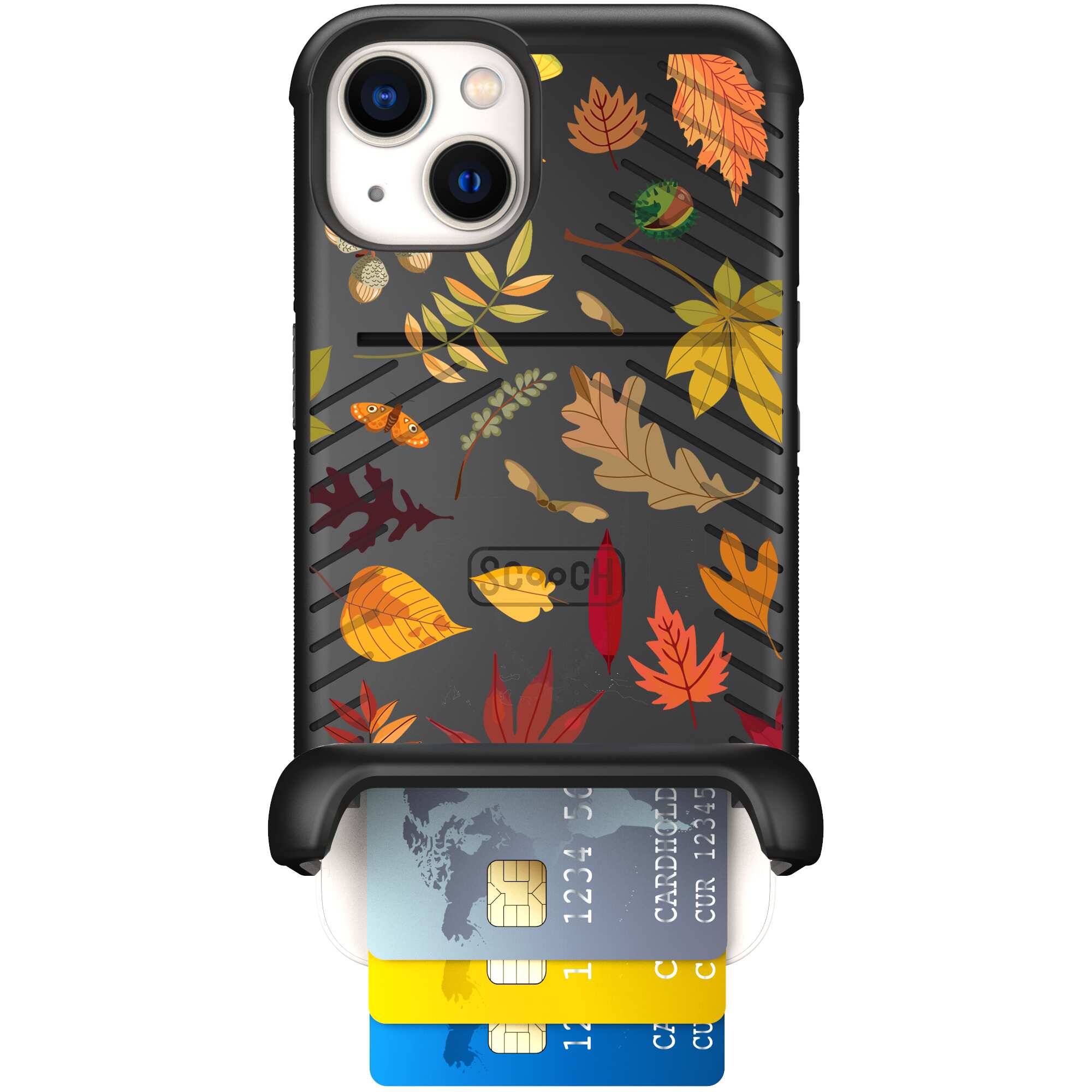 Autumn Leaves multicolored fall foliage pattern on a charcoal Scooch Wingmate case for iPhone 13