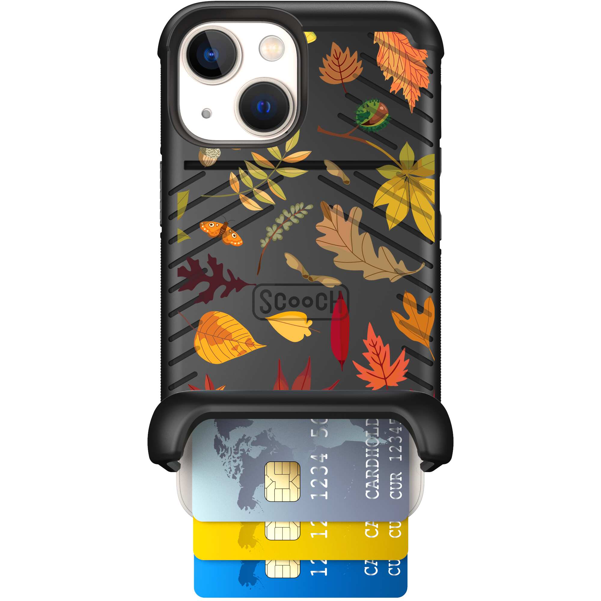 Autumn Leaves multicolored fall foliage pattern on a charcoal Scooch Wingmate case for iPhone 13 mini