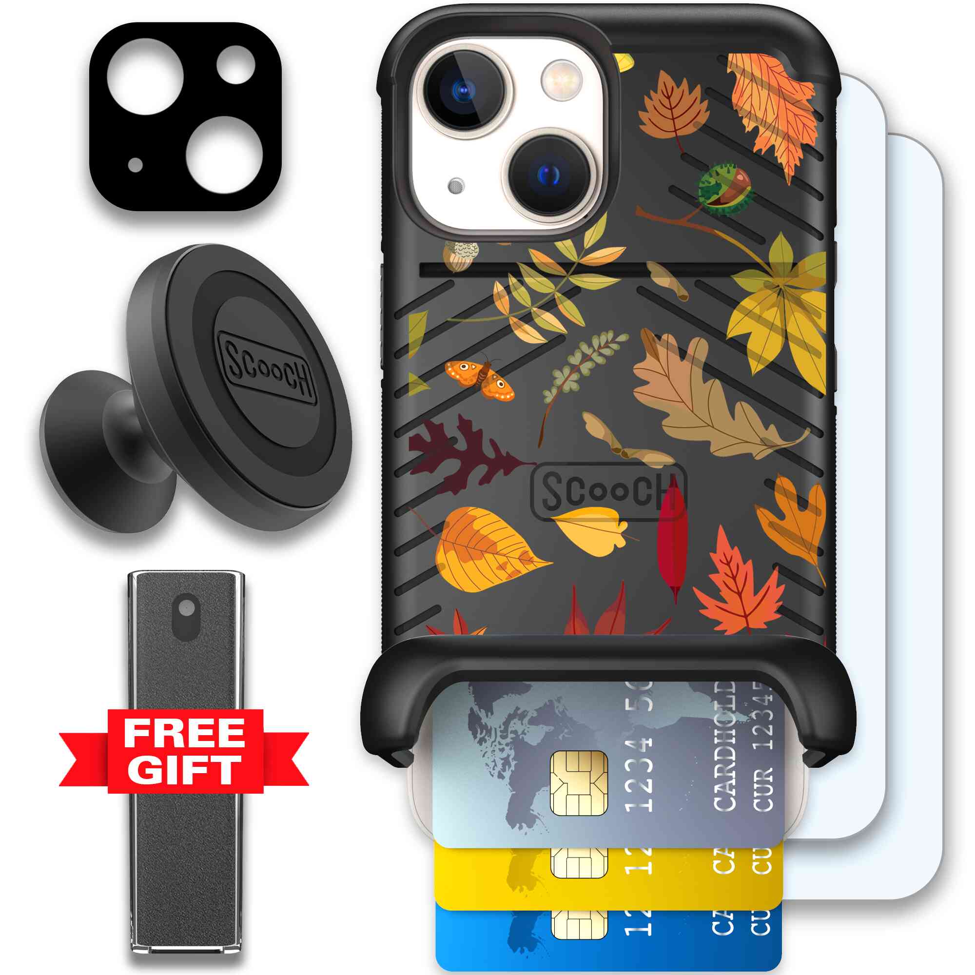Autumn Leaves multicolored fall foliage pattern on a charcoal Scooch Wingmate case for iPhone 13 mini - Defender Bundle