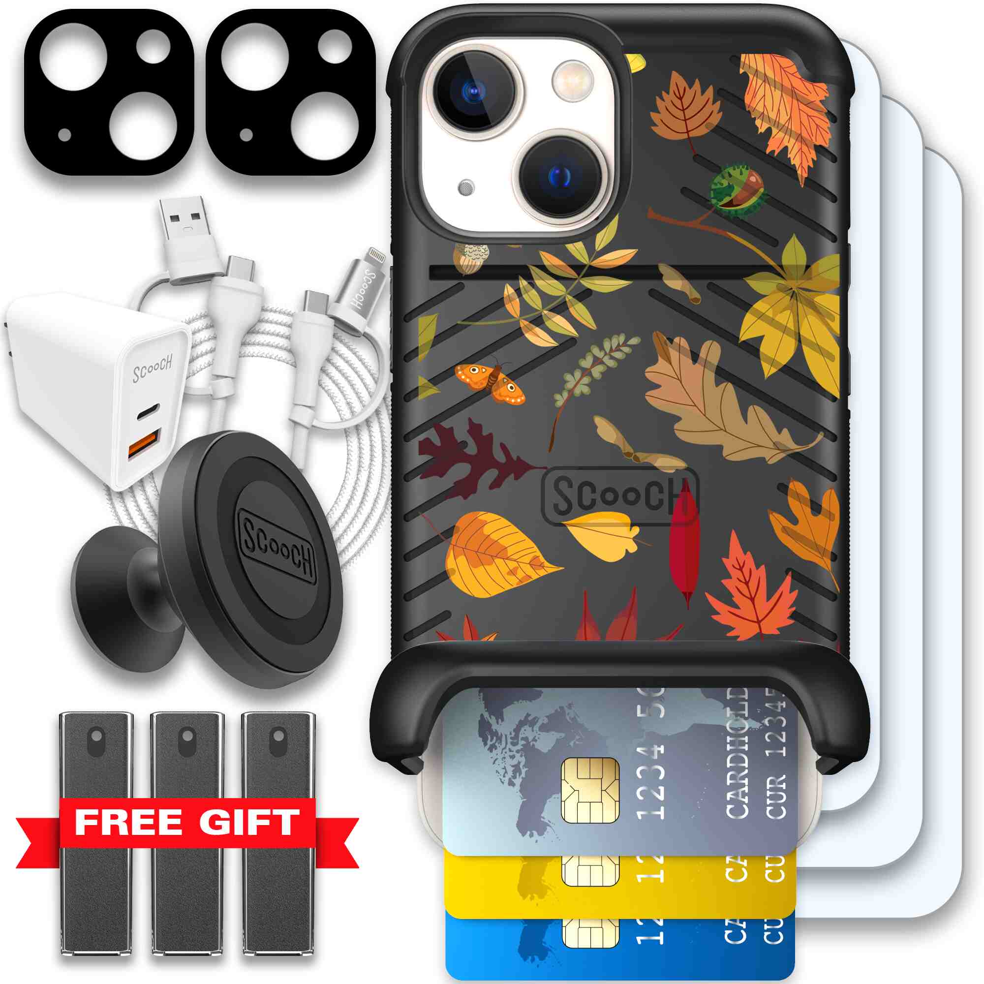 Autumn Leaves multicolored fall foliage pattern on a charcoal Scooch Wingmate case for iPhone 13 mini - Ultimate Bundle