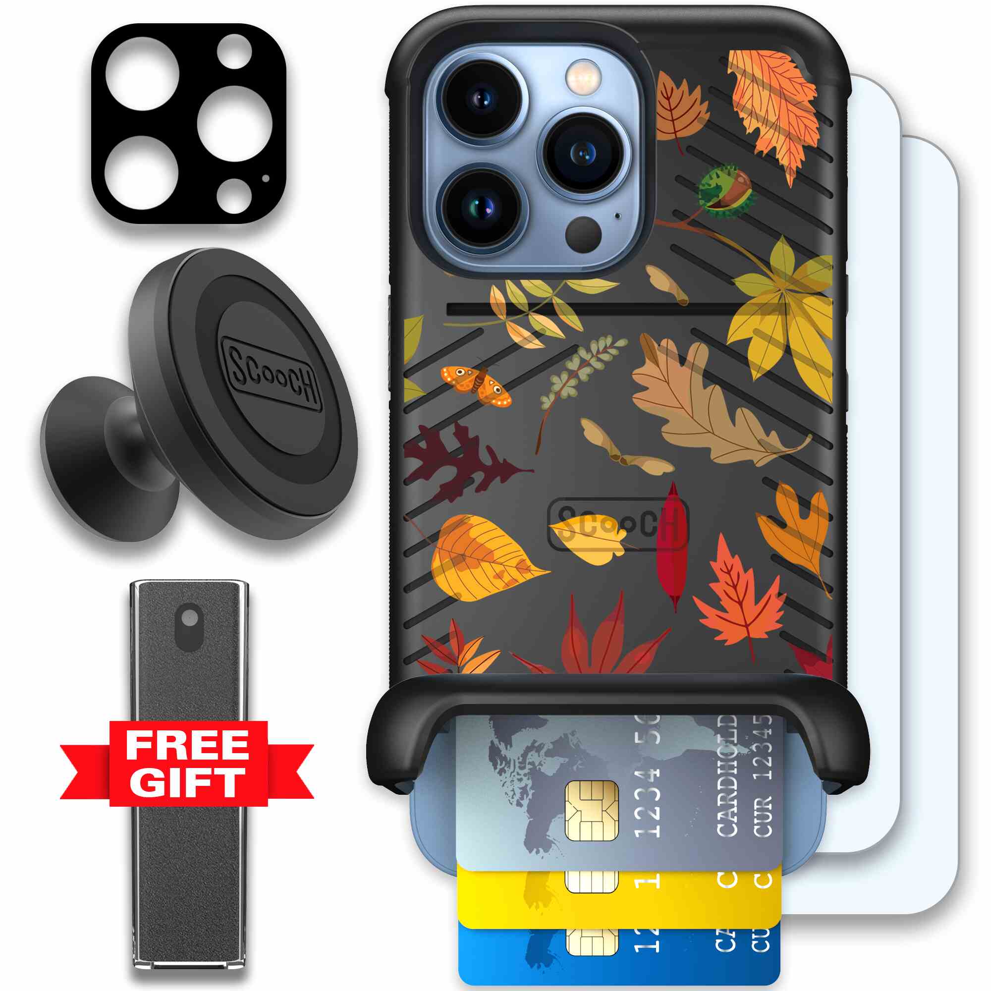Autumn Leaves multicolored fall foliage pattern on a charcoal Scooch Wingmate case for iPhone 13 Pro - Defender Bundle