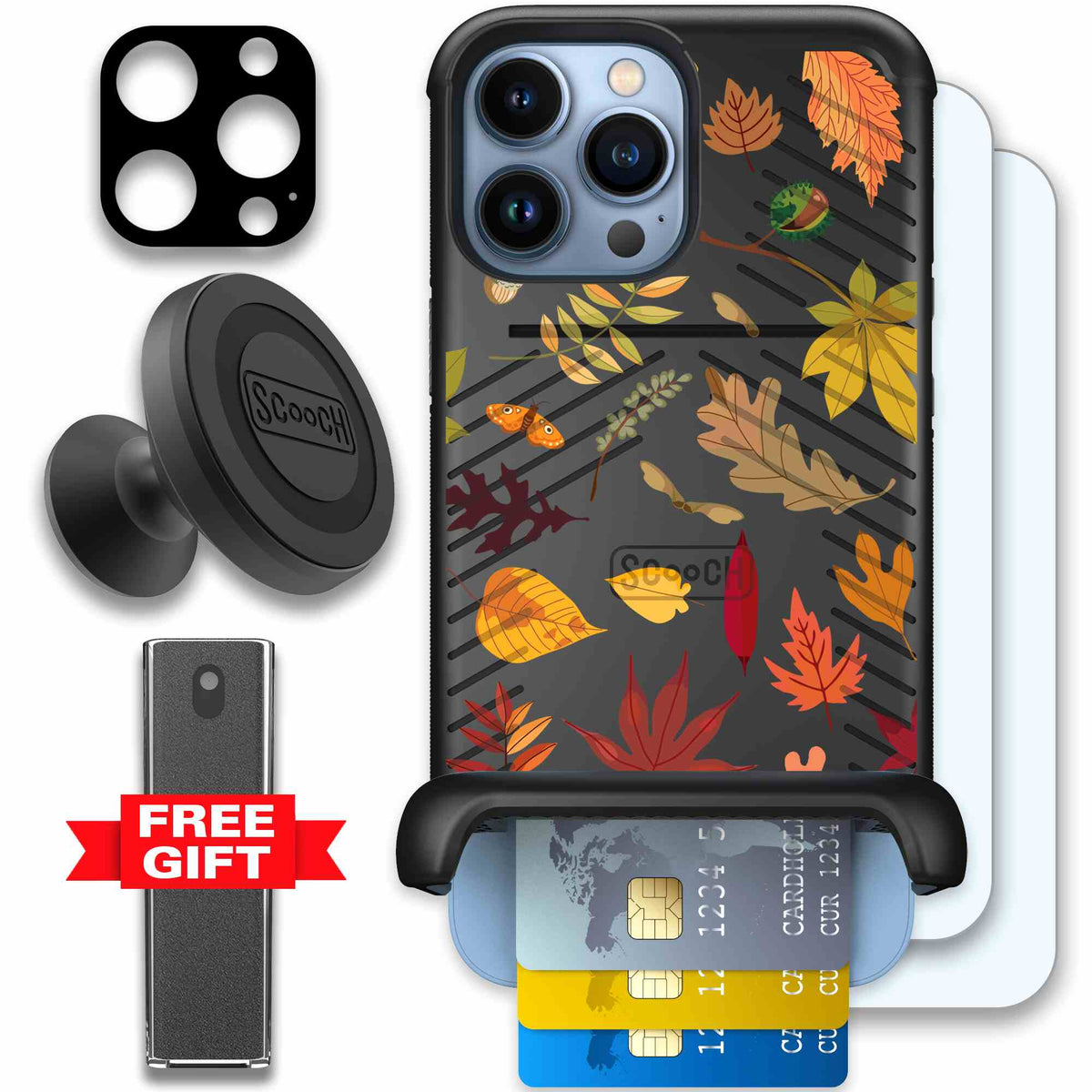 Autumn Leaves multicolored fall foliage pattern on a charcoal Scooch Wingmate case for iPhone 13 Pro Max - Defender Bundle