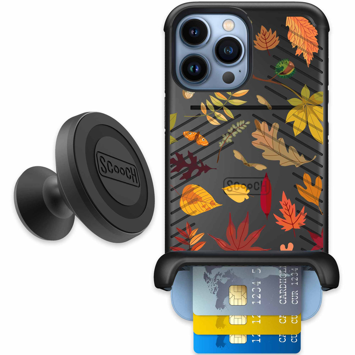 Autumn Leaves multicolored fall foliage pattern on a charcoal Scooch Wingmate case for iPhone 13 Pro Max - Starter Bundle