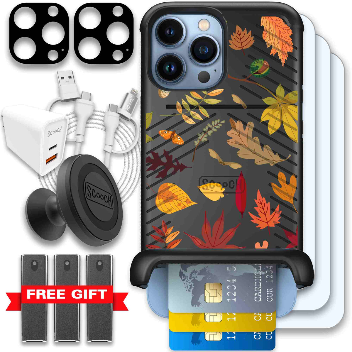 Autumn Leaves multicolored fall foliage pattern on a charcoal Scooch Wingmate case for iPhone 13 Pro Max - Ultimate Bundle