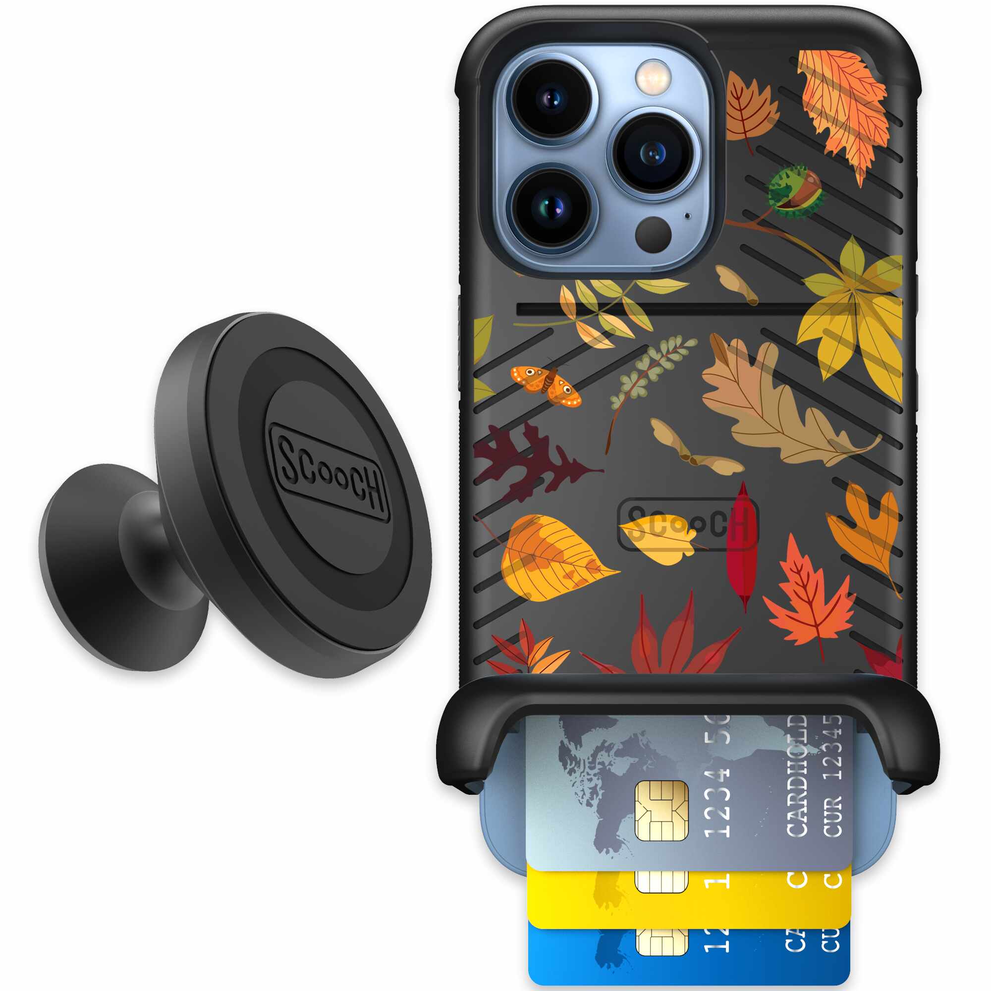 Autumn Leaves multicolored fall foliage pattern on a charcoal Scooch Wingmate case for iPhone 13 Pro - Starter Bundle