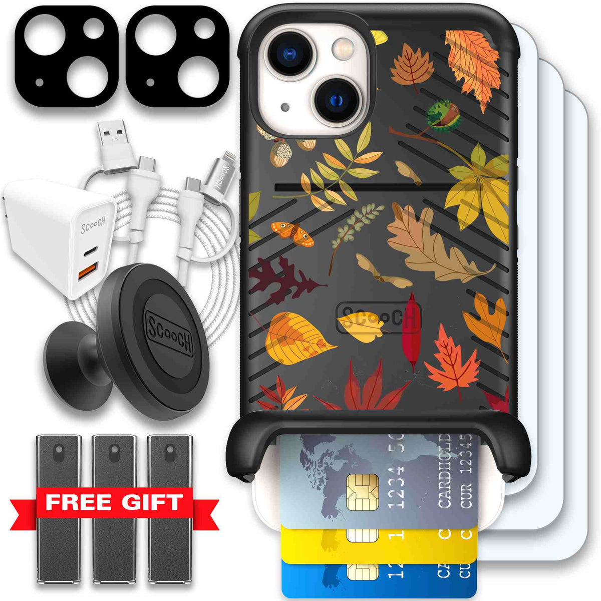 Autumn Leaves multicolored fall foliage pattern on a charcoal Scooch Wingmate case for iPhone 13 - Ultimate Bundle