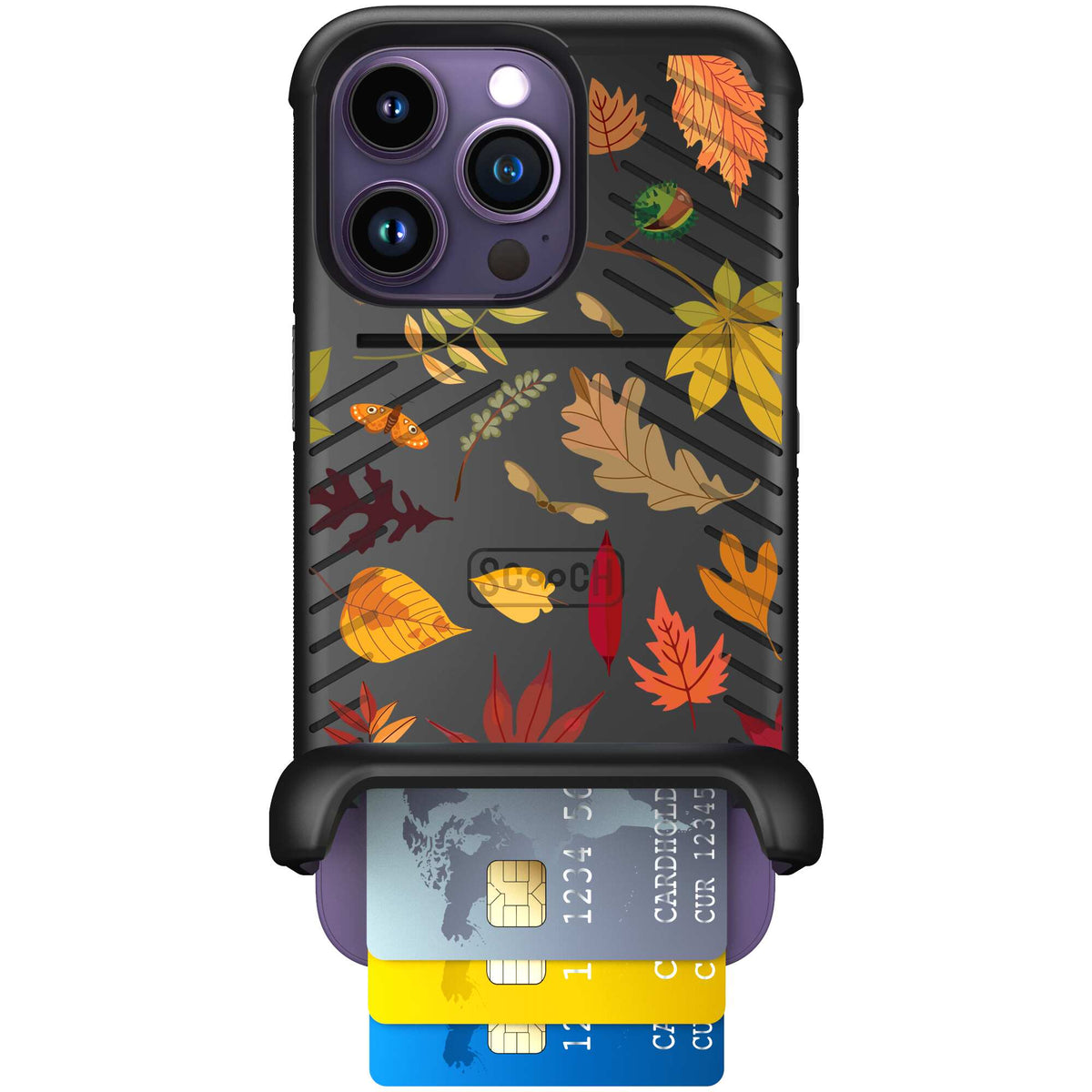 Autumn Leaves multicolored fall foliage pattern on a charcoal Scooch Wingmate case for iPhone 14 Pro