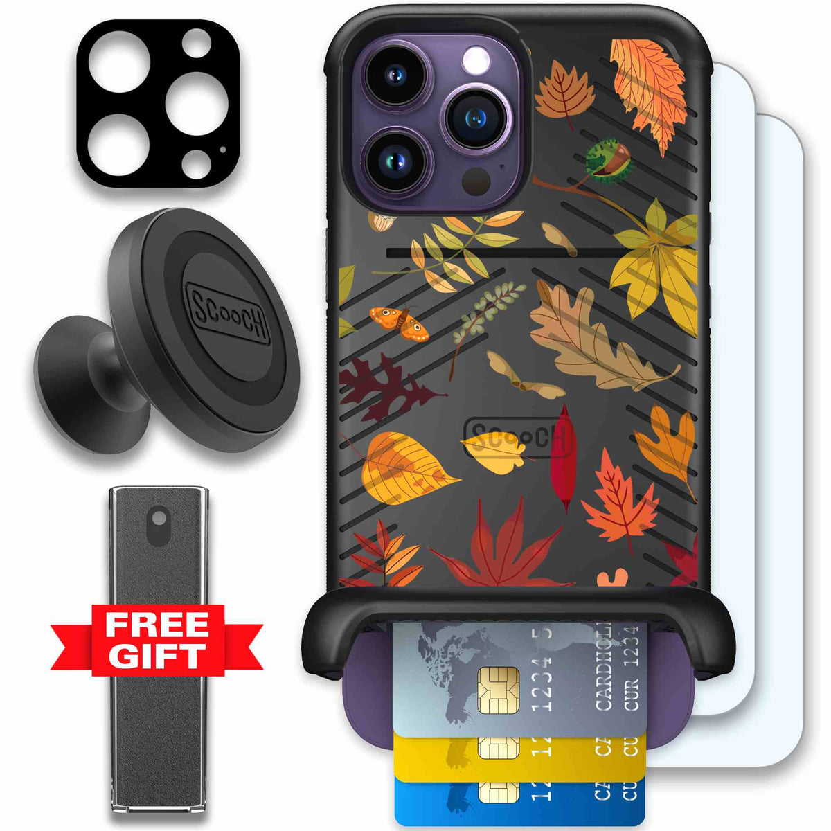 Autumn Leaves multicolored fall foliage pattern on a charcoal Scooch Wingmate case for iPhone 14 Pro Max - Defender Bundle